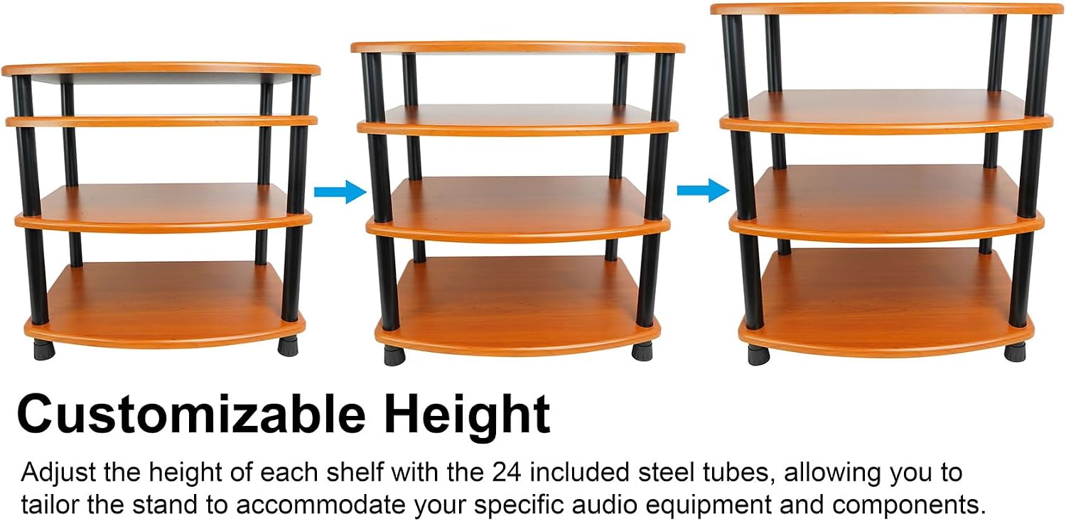 Rockville FLX Classic Wood Adjustable Height 4 Shelf A/V Rack Stand, Expandable Design, for Home Theater
