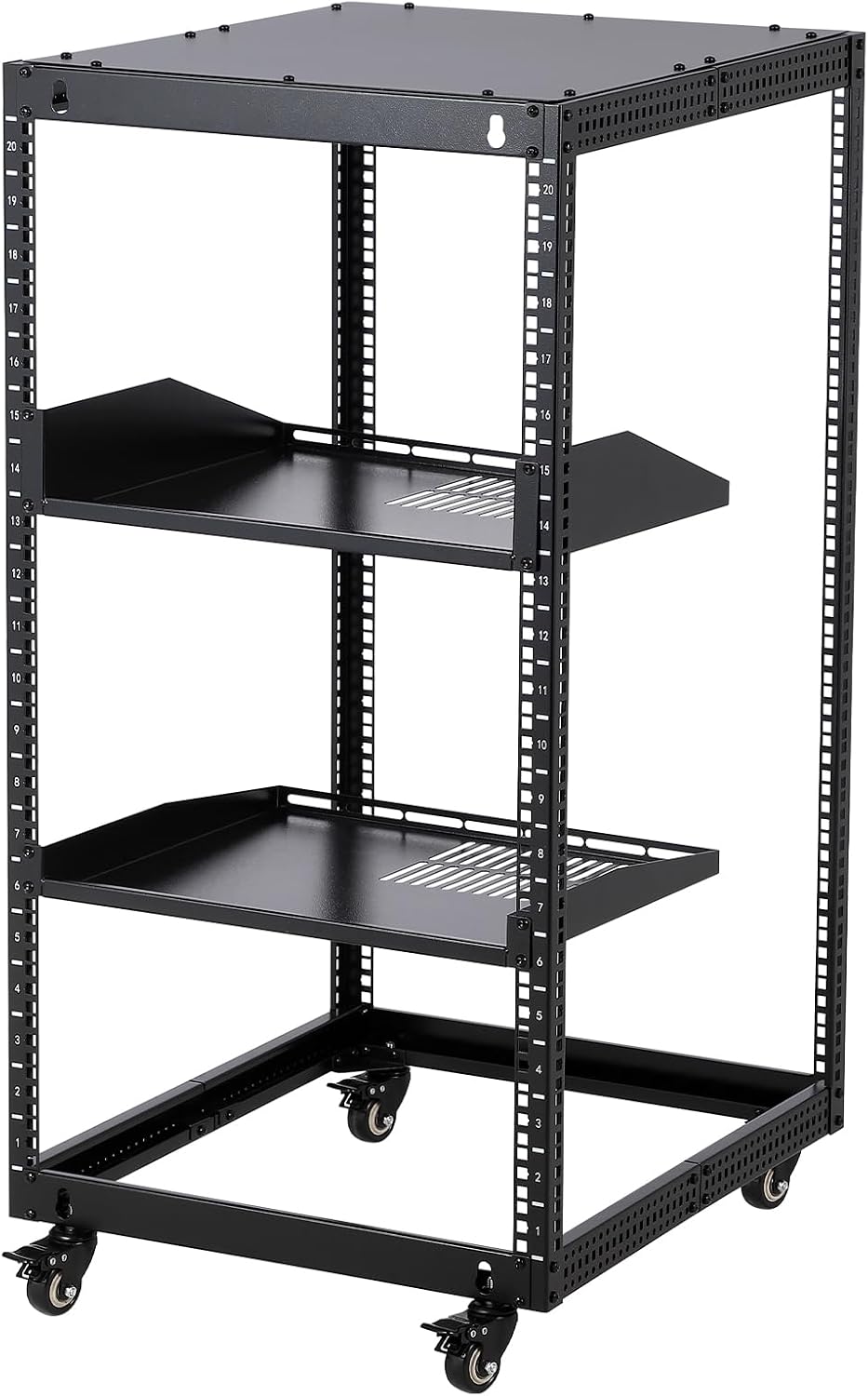 GarveeTech 20U Open Frame Server Rack, 23 in -40 in Adjustable Depth, Wall Mount & Free Standing Network Rack with 4 Lockable Casters & 2pcs 1U Server Rack Shelf, Holds All Your IT/AV Equipment Rack