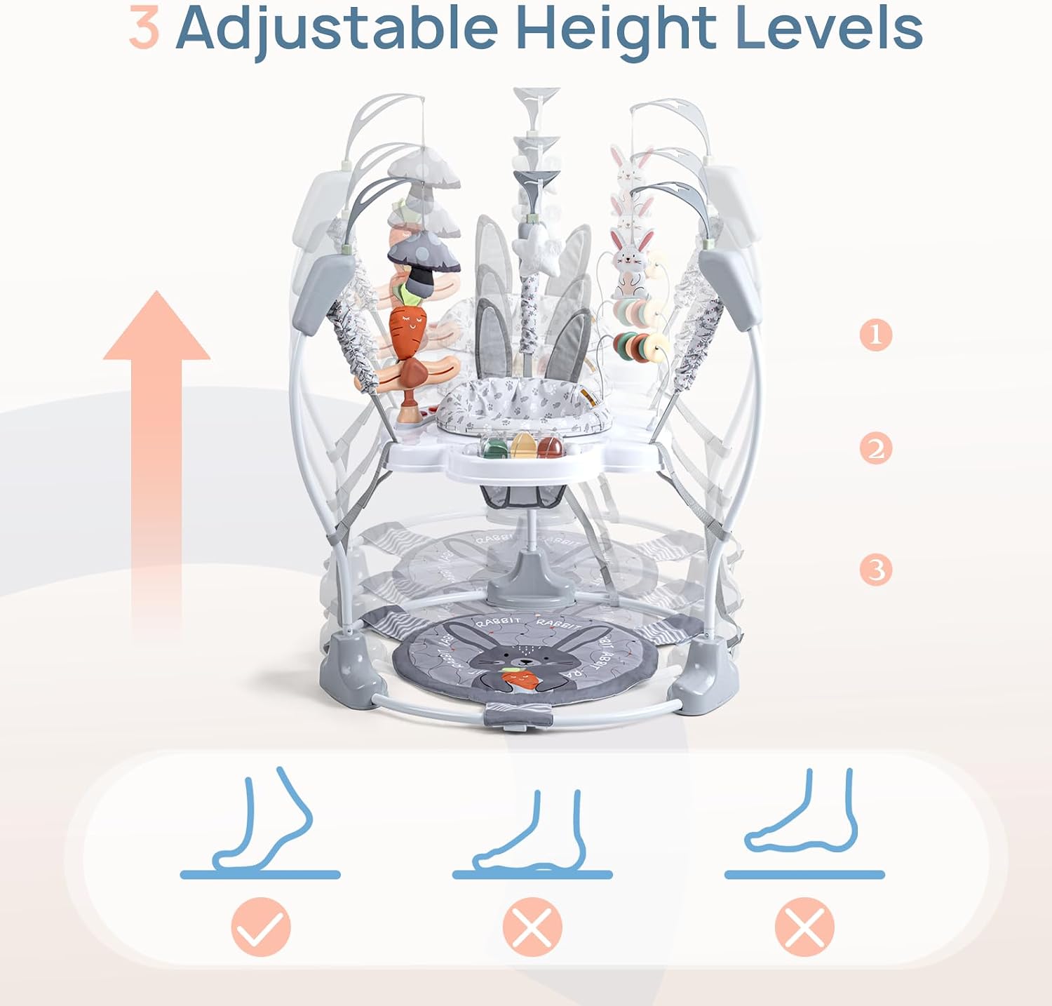 Baby Activity Center, Baby Jumper Activity Center with Music, Interactive Toys, 360° Rotating Seat, 3 Adjustable Heights, Infant Activity Jumper for 6+ Months (Rabbit)