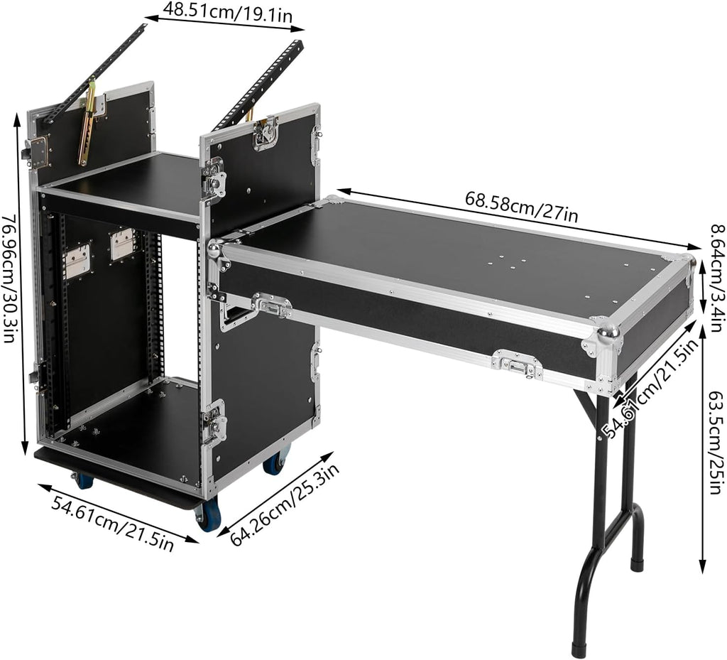 14U Pa Dj Rack Case with DJ Table Top, Heavy-Duty DJ Work Table Rolling Studio Equipment Cabinet, Amplifier Mixer Storage Stand for Dj/Pro Audio/Network Gear Storage (14U / Side Tables)