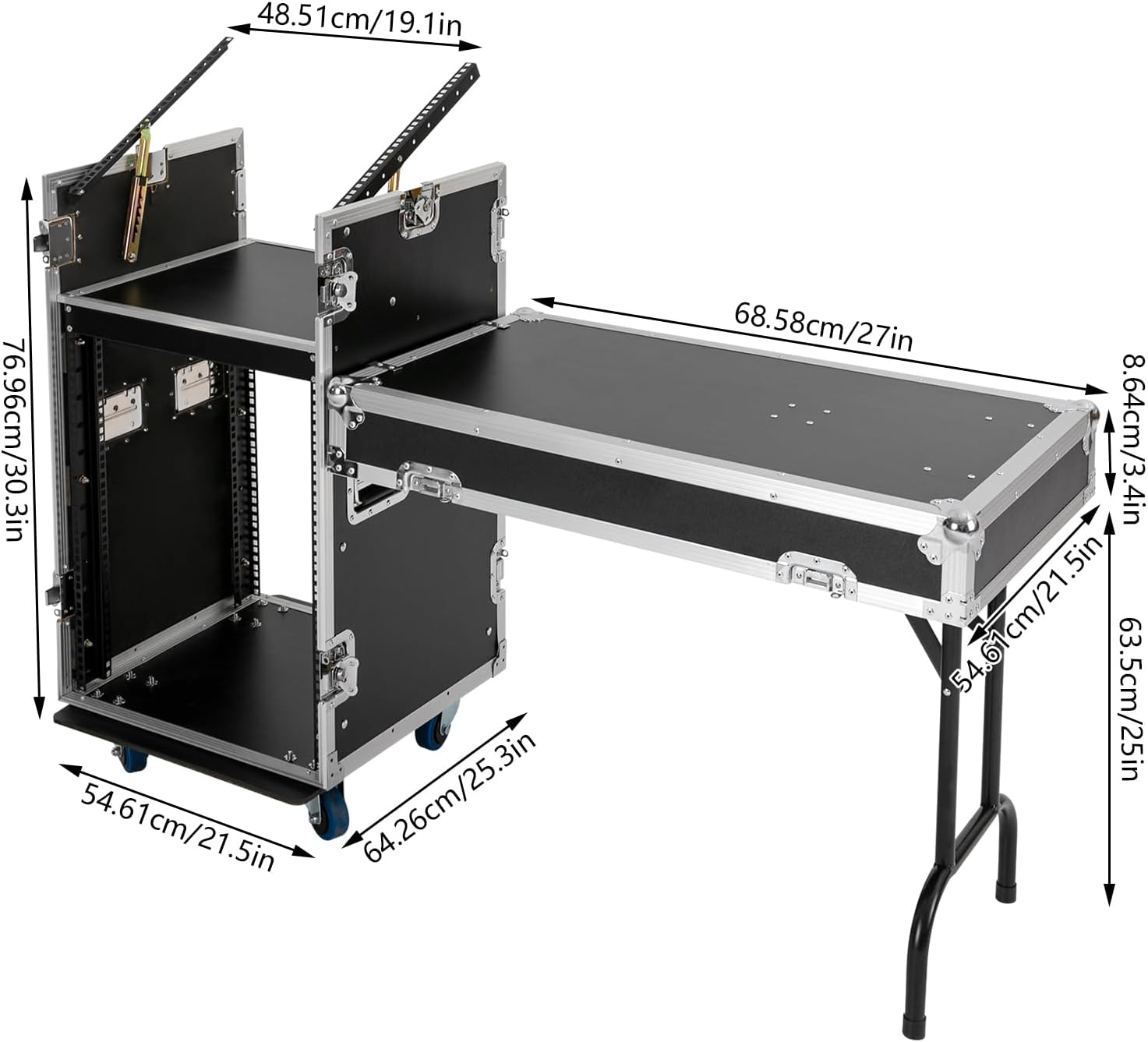 14U Pa Dj Rack Case with DJ Table Top, Heavy-Duty DJ Work Table Rolling Studio Equipment Cabinet, Amplifier Mixer Storage Stand for Dj/Pro Audio/Network Gear Storage (14U / Side Tables)