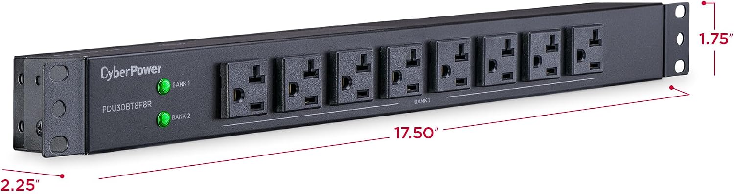 CyberPower PDU30BT8F8R Basic PDU, 100 – 125V/30A (Derated to 24A), 16 Outlets, 12 Foot Power Cord, 1U Rackmount