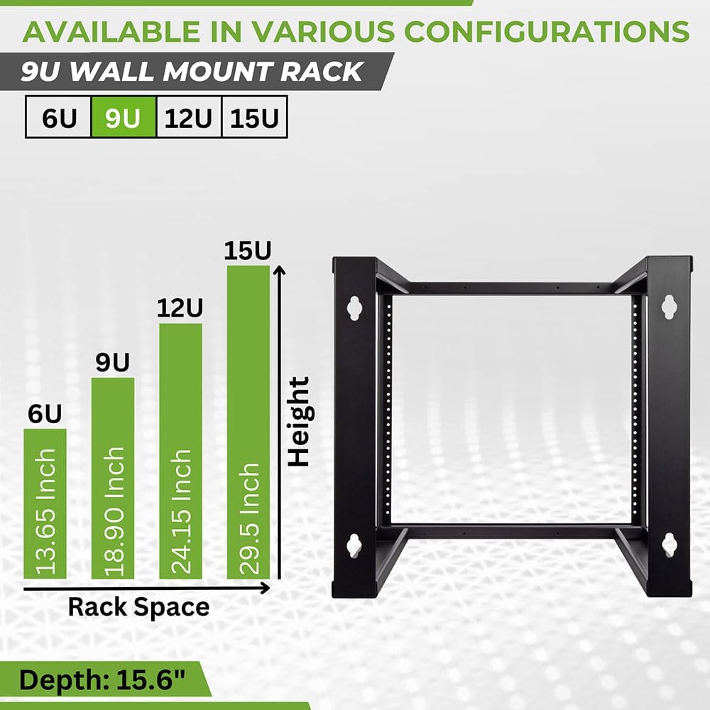 NavePoint 9U Open Frame Wall Mount Server Rack for 19' Networking IT Equipment & A/V, 12-24 Threaded, Compatible with 2-Post Mounting, Black