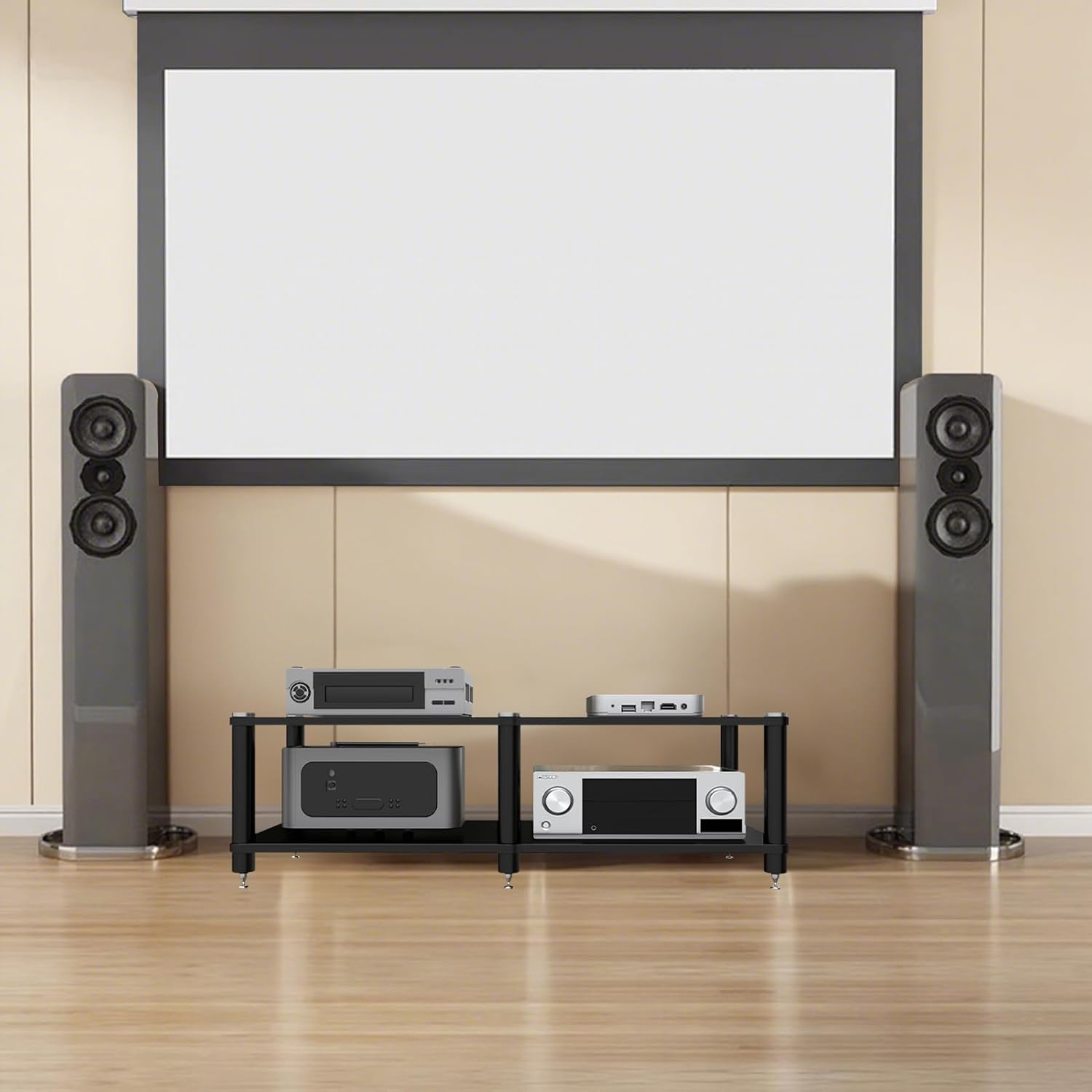 2 Tier Long AV Media Stand, Stereo Racks and Stands with Speaker Spikes, Components Cabinet Home Theatre CD Record Player Receiver Equipment Rack (Black, 2-Tier)
