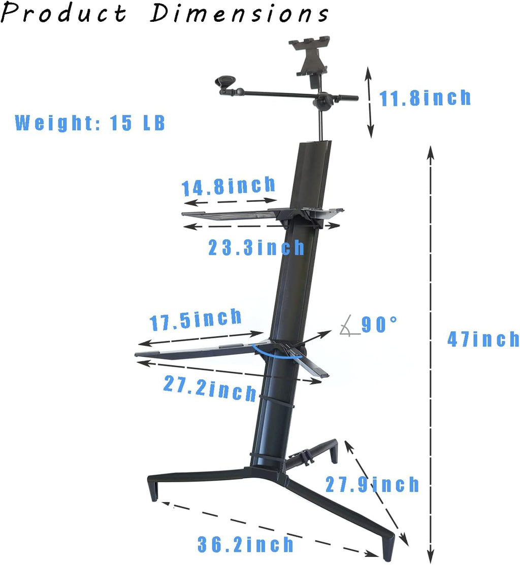 Portable Keyboard Stand - 2-Tier Column for 61/76/88 Key Keyboards - DJ Controller, Mixer, Synthesizer - Aluminum with Carrying Bag