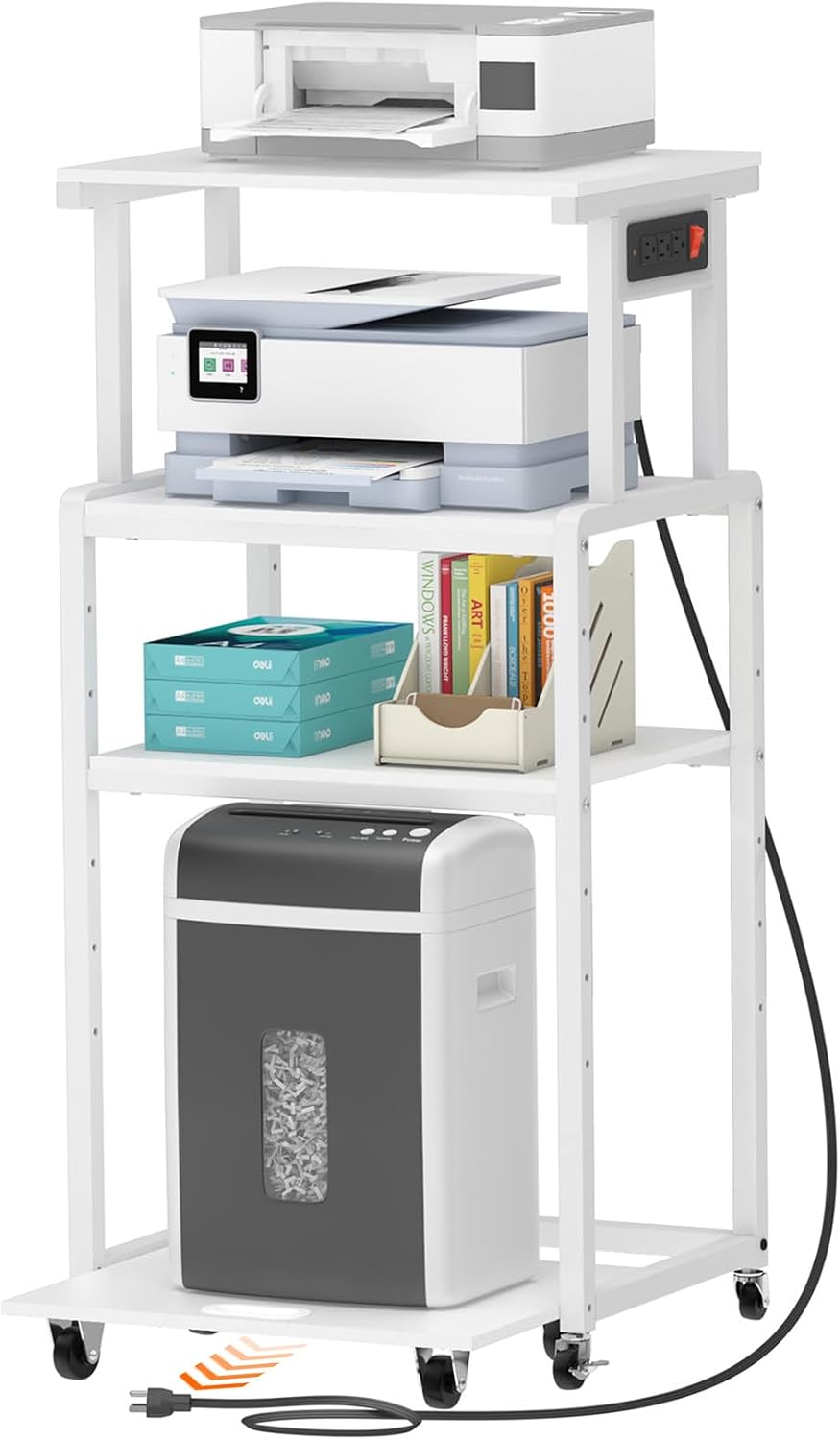 Lifewit 4 Tier Printer Stand with 3 Power Outlets, Wheels and Adjustable Storage Shelf for Home Office, Rolling Printer Cart for Shredder, Scanner, Fax, Hold 340lbs, White