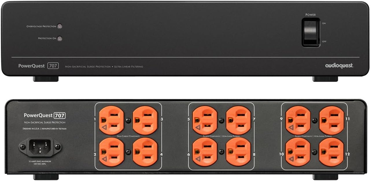 AudioQuest PQ707NA PowerQuest 707 12 Outlet Surge Protector with an AudioQuest NRGY3US01 1.0M Low-Noise AC Power Cable (2023)