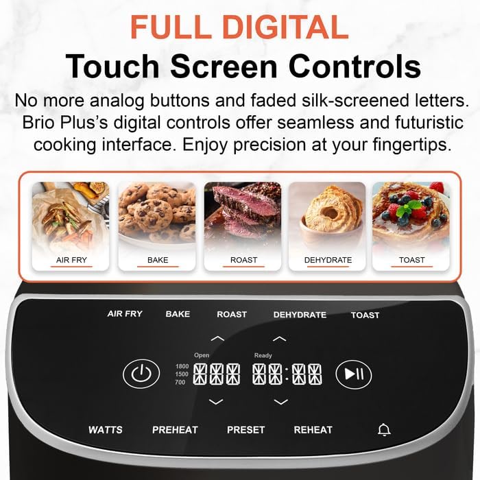 Nuwave 8QT Brio Air Fryer Plus Black, Digital LED Touch Screen with Cool White Display, 50°F~400°F in Precise 5°, 3 Wattage Alternatives, 5 Cook Functions, 50 Memory, PFAS Free, New & Improved