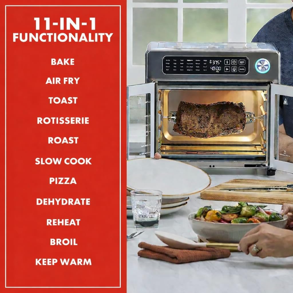 Emeril Lagasse Extra Large French Door Air Fryer Toaster Oven Combo, 24 Cooking Functions and Digital Controls, 7 Accessories Included, Stainless Steel Finish, 26QT Capacity