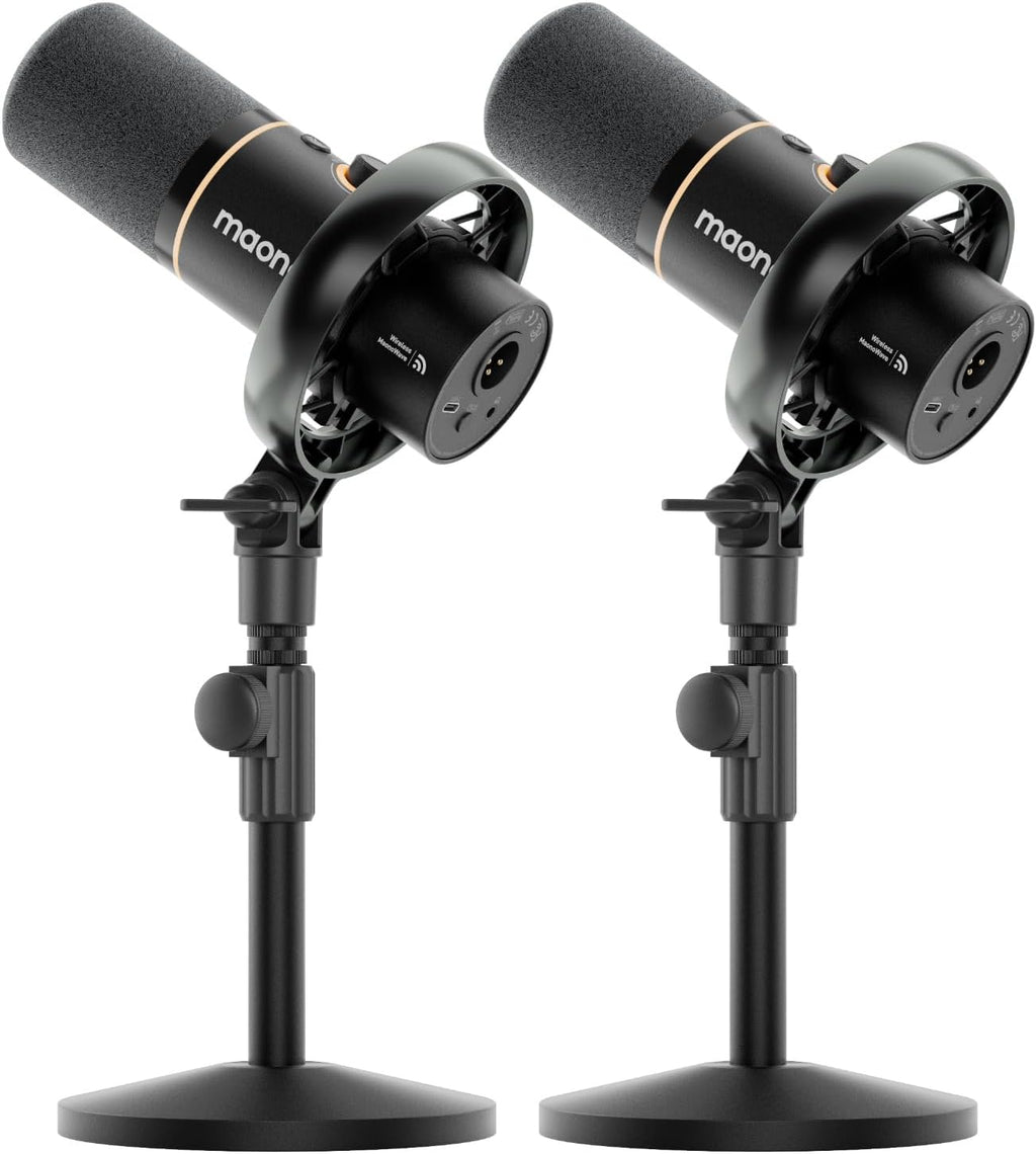 MAONO PD200W Hybrid Wireless Podcast Equipment Bundle for 2, XLR USB Dynamic Microphone Kit with 2 Desktop Stand, Software, Noise Cancellation, for Co-hosted podcast, Vocal Recording, Content Creation