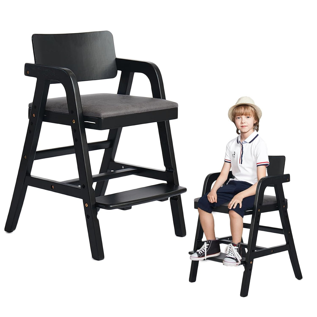 Wooden High Chair for Toddlers and Baby, Adjustable Toddler Dining Chair Grows with Kid, Ergonomic Baby HighChair for Babies, Wipe Clean Skin-Friendly Cushion, for Home & Restaurant - Black