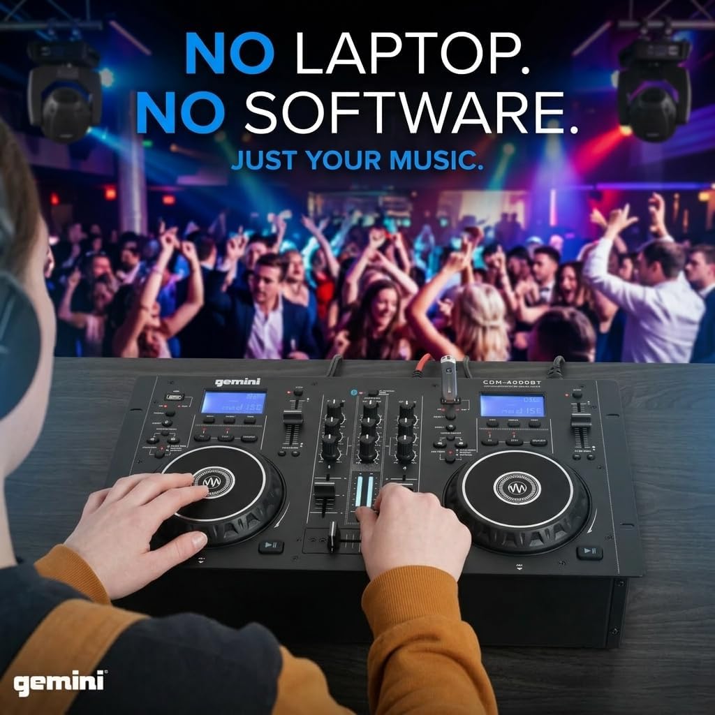 Gemini Sound CDM-4000BT: All-in-One DJ Standalone DJ CD Player & Mixer Combo with Bluetooth - Dual CD/USB for Home & Event Use, User-Friendly Controls with Jog Wheels and Pitch Control