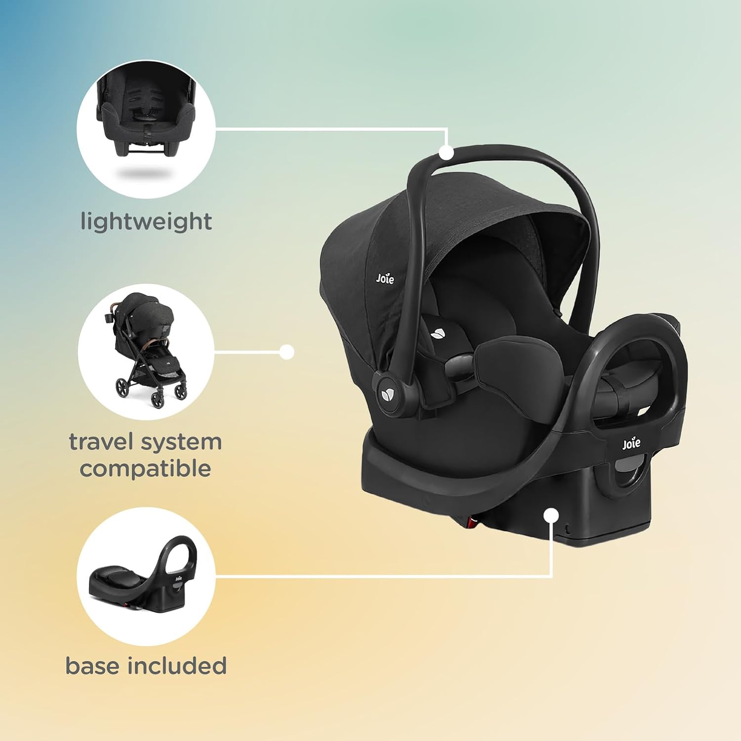 Joie Rue Lightweight Infant Car Seat & Anti-Rebound Base –Side-Impact Protection, 5-Point Harness, and UPF 50+ Canopy for Newborns and Infants (Dove)