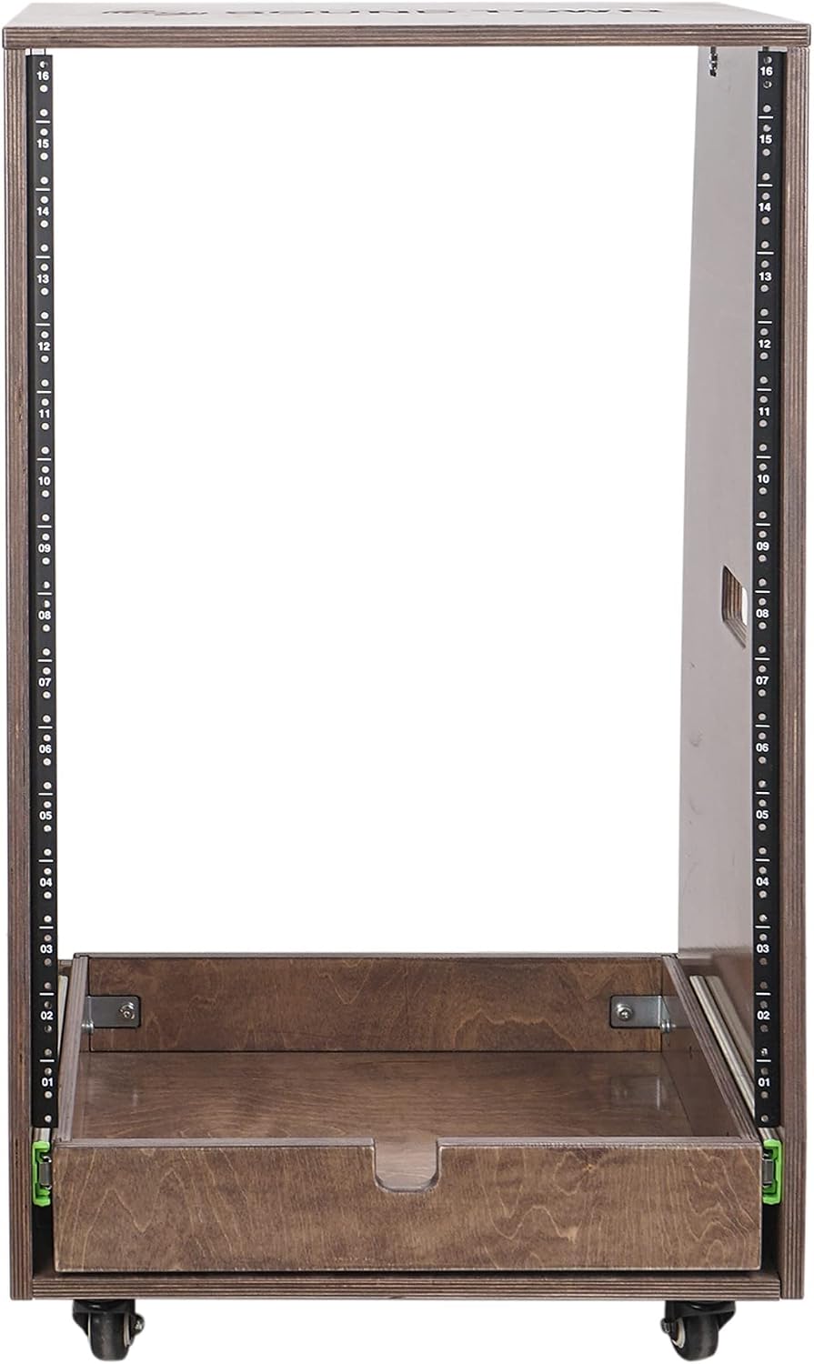Sound Town 16U DIY Solid Baltic Birch Plywood Slanted Studio Rack with 16U Rack Space, Extra 2U Drawer, Rubber Feet, Casters, Weathered Brown (SDRK-16TBD2)