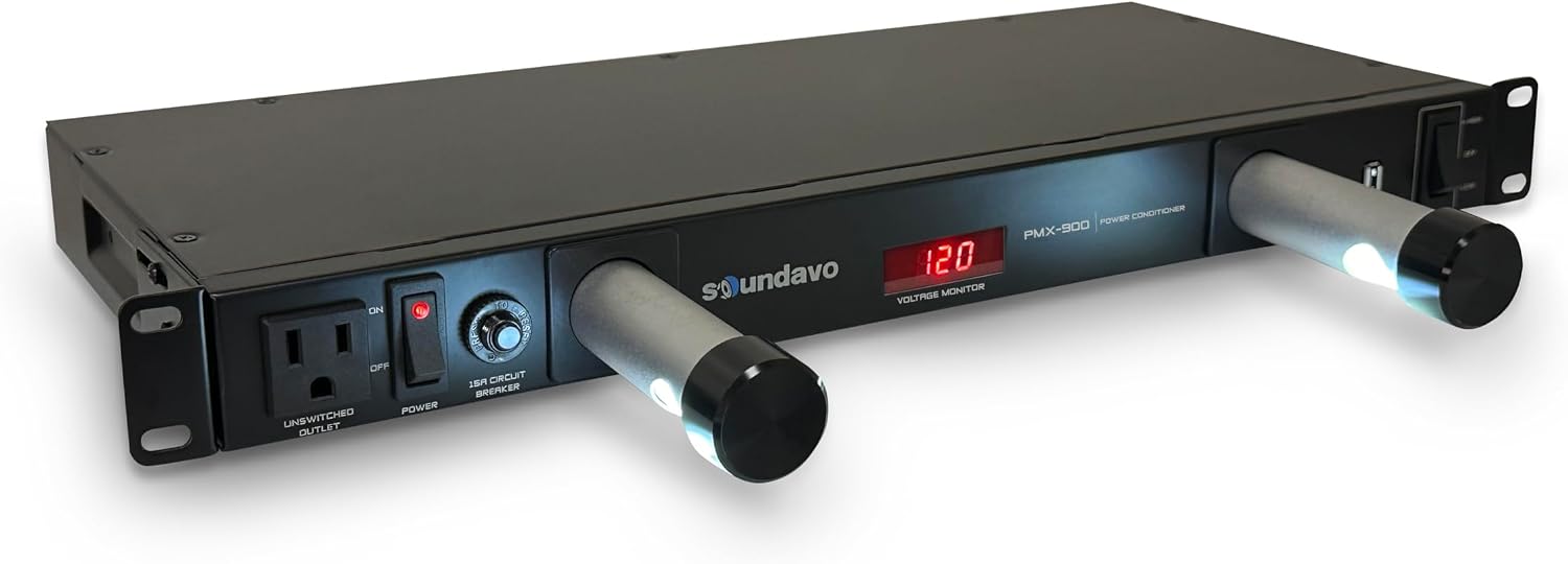PMX-900 Rack-mount 1U Power Conditioner/Surge Protection - Noise Filtering with 2 Front-panel Pull-out LED Lights & LED Voltage Monitor Display (No Sequencer Function)