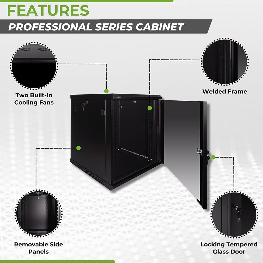 NavePoint 12U Server Rack Enclosure - 23.6' Deep, 12U Wall Mount Network Cabinet with Locking Glass Door for 19' IT Equipment, 12U Network Rack with 2 Fans, Removable Side Panels, Black