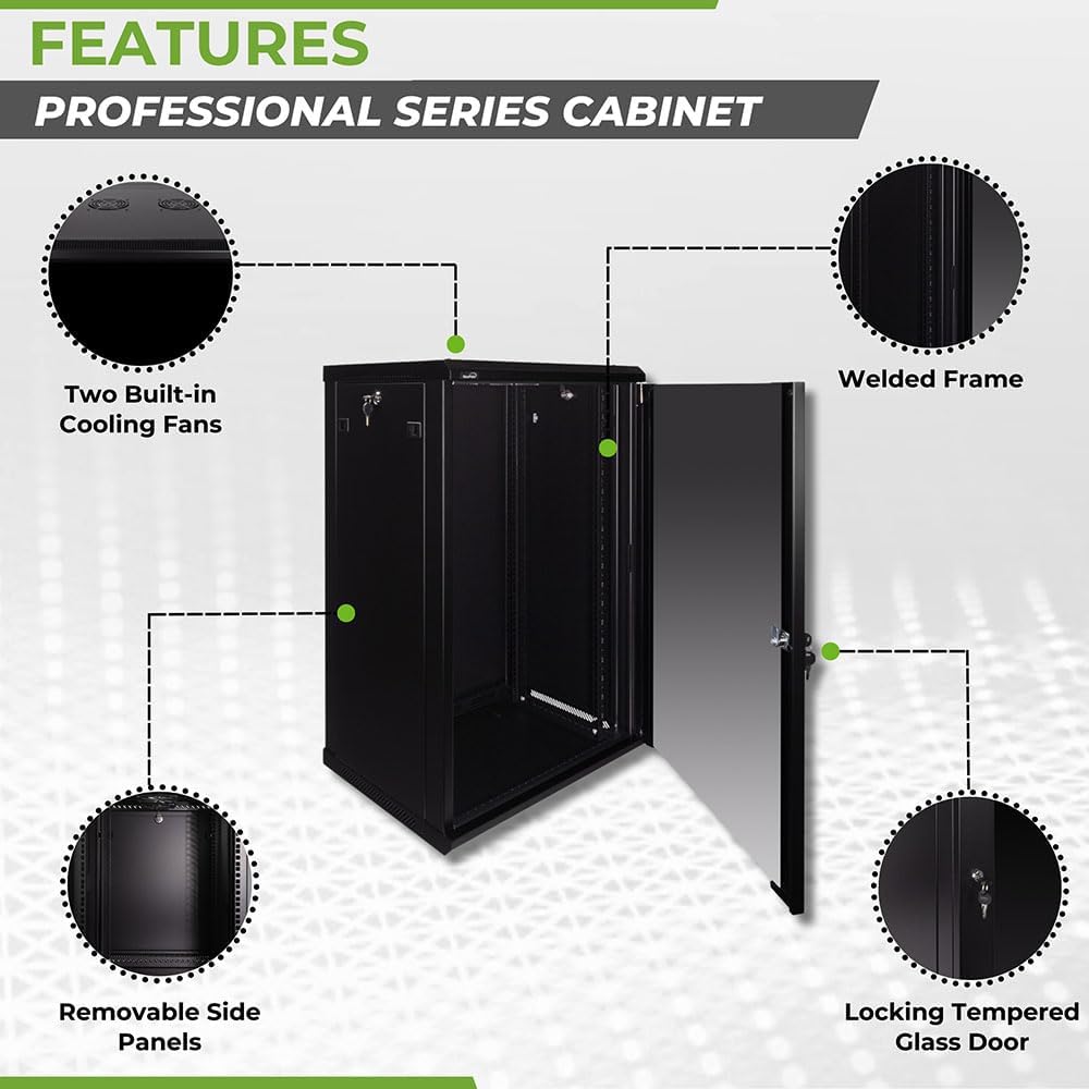 Navepoint 18U Deluxe IT Wallmount Cabinet Enclosure 19-Inch Server Network Rack with Locking Glass Door 16-Inches Deep Black
