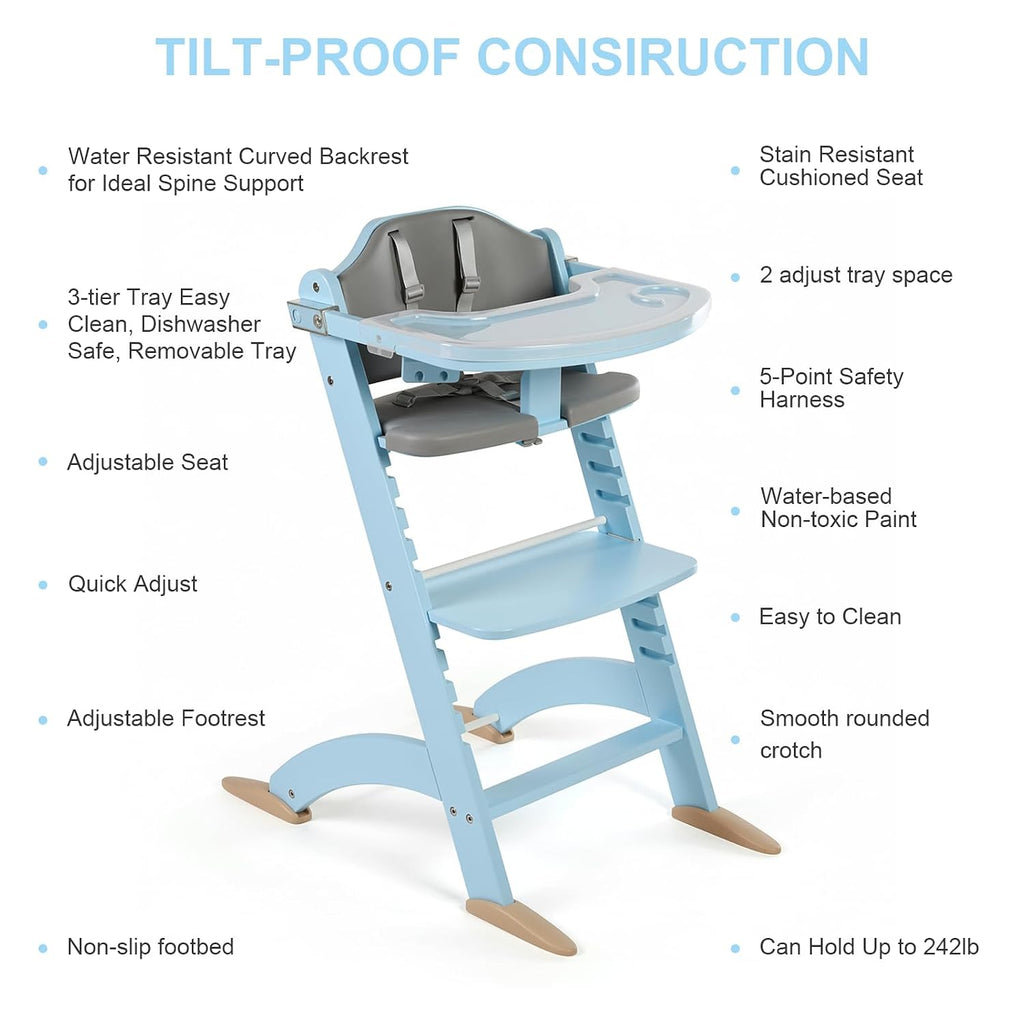 Cowiewie New Upgrade 3-in-1 Convertible Wooden High Chair for Babies & Toddlers 10 Levels Adjustable 3-Tier Remove 2 Waterproof Cozy Cushions Blue
