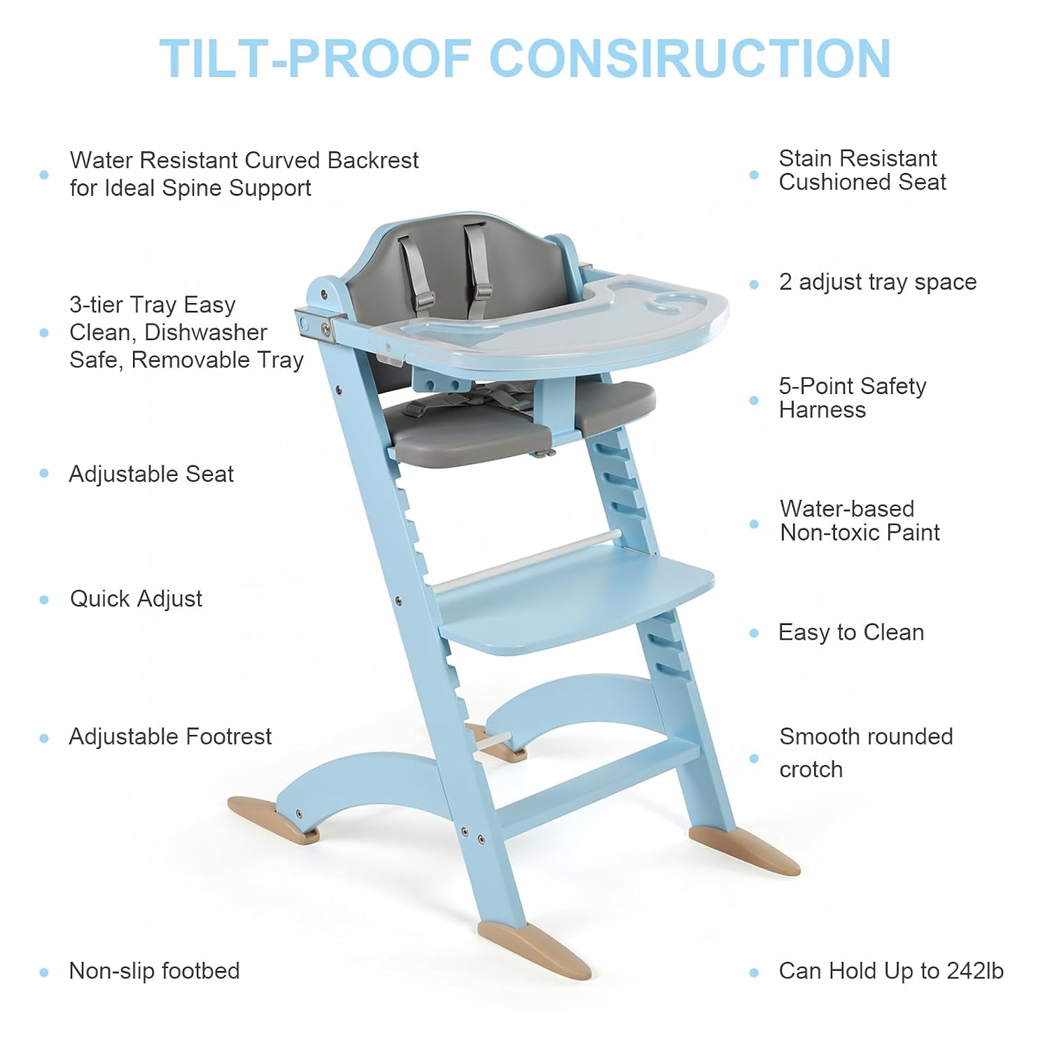 Cowiewie New Upgrade 3-in-1 Convertible Wooden High Chair for Babies & Toddlers 10 Levels Adjustable 3-Tier Remove 2 Waterproof Cozy Cushions Blue