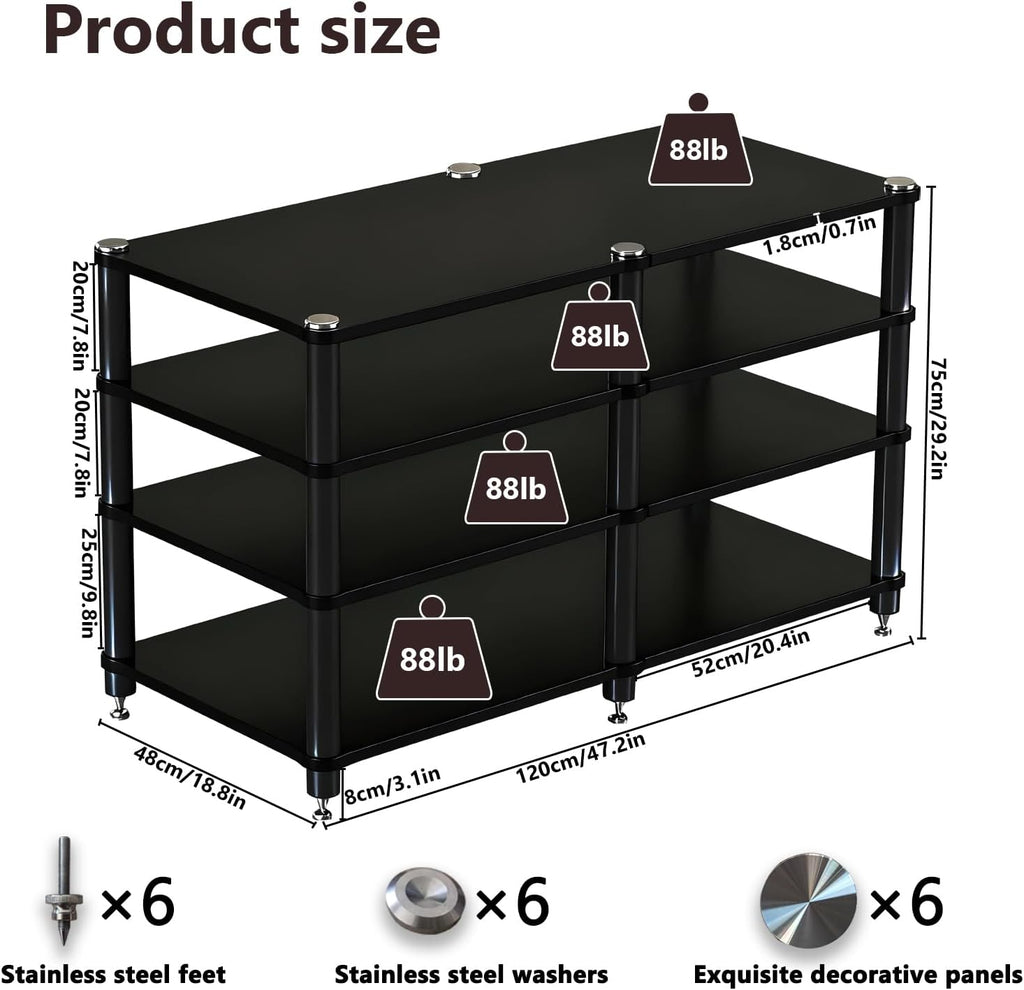 Heavy Duty AV Media Stand, Multifunctional Stacking Audio Component Rack with Shock-Absorbing Foot pegs, Audio Stand for Home Theater Studio (Black, Fourth Floor)