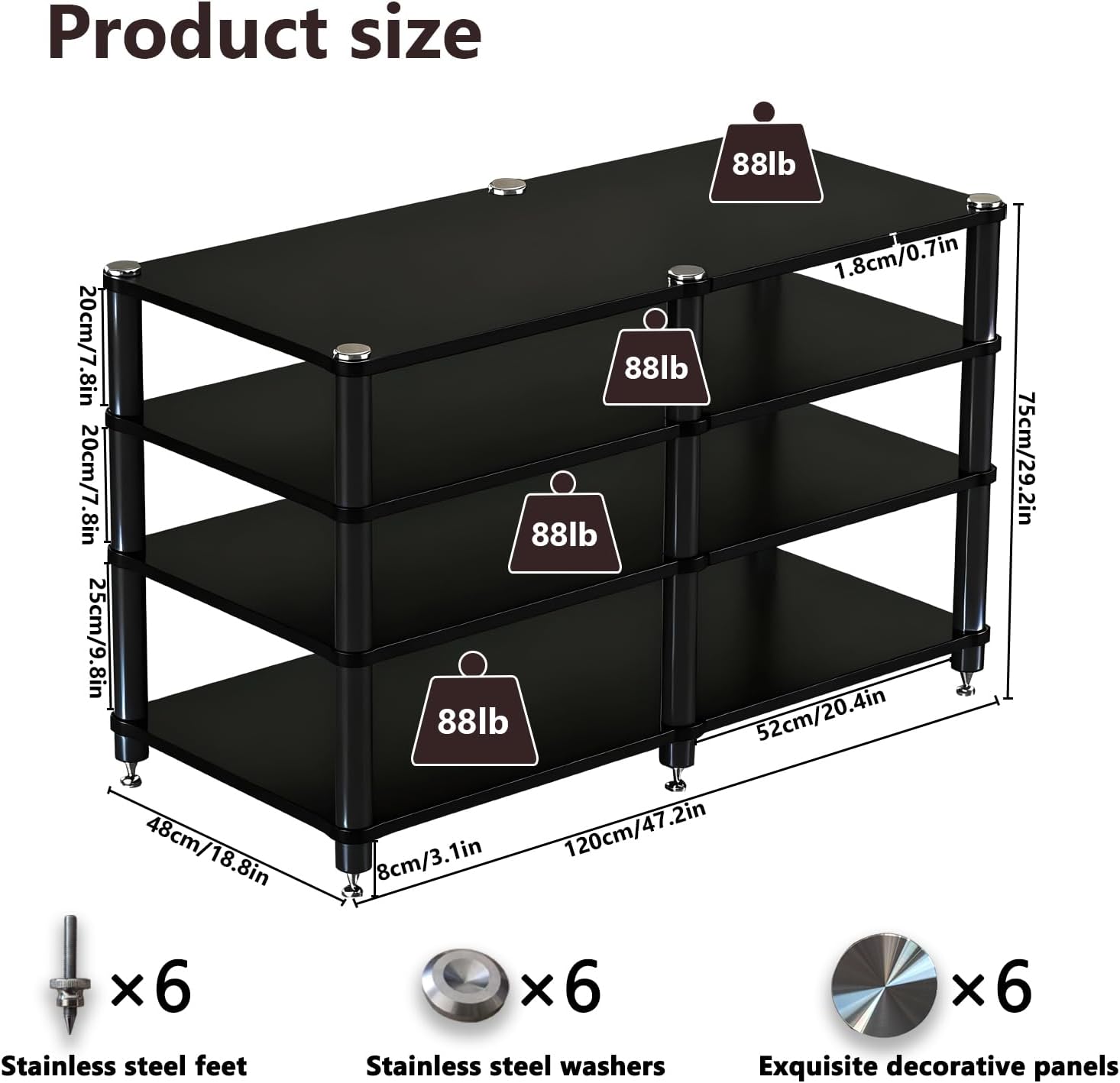 Heavy Duty AV Media Stand, Multifunctional Stacking Audio Component Rack with Shock-Absorbing Foot pegs, Audio Stand for Home Theater Studio (Black, Fourth Floor)