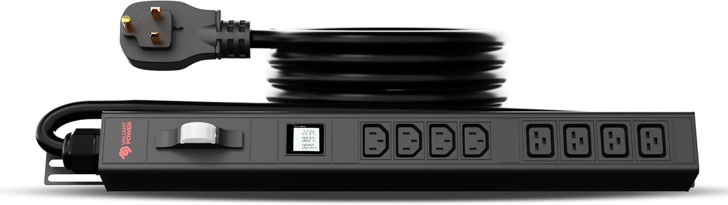 Surge Protection, Metered, Rack Mount PDU, Basic 220v/50a, L6-50P Input, (4-C13 & 4C19) Outlets, 1U Vertical Rackmount (C13) 3 Year Warranty 12,000 Watts Crypto Mining