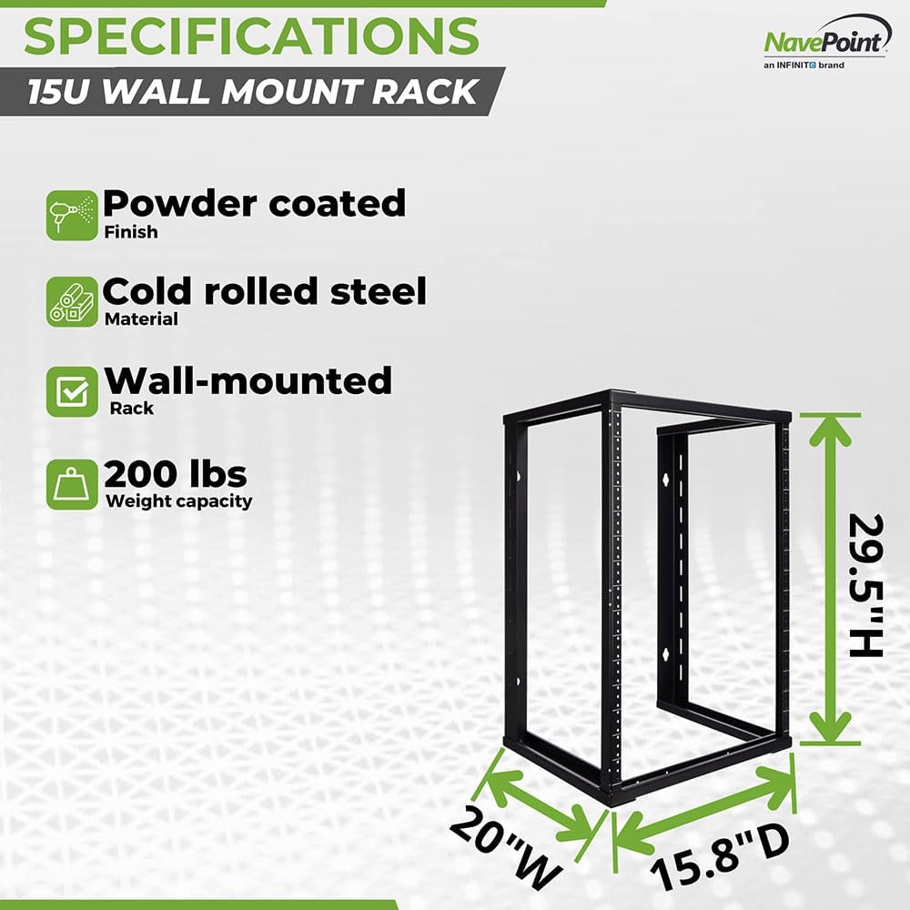 NavePoint 15U Wall Mount Open Frame 19 Inch Server Equipment Rack Threaded 16 inch Depth Black
