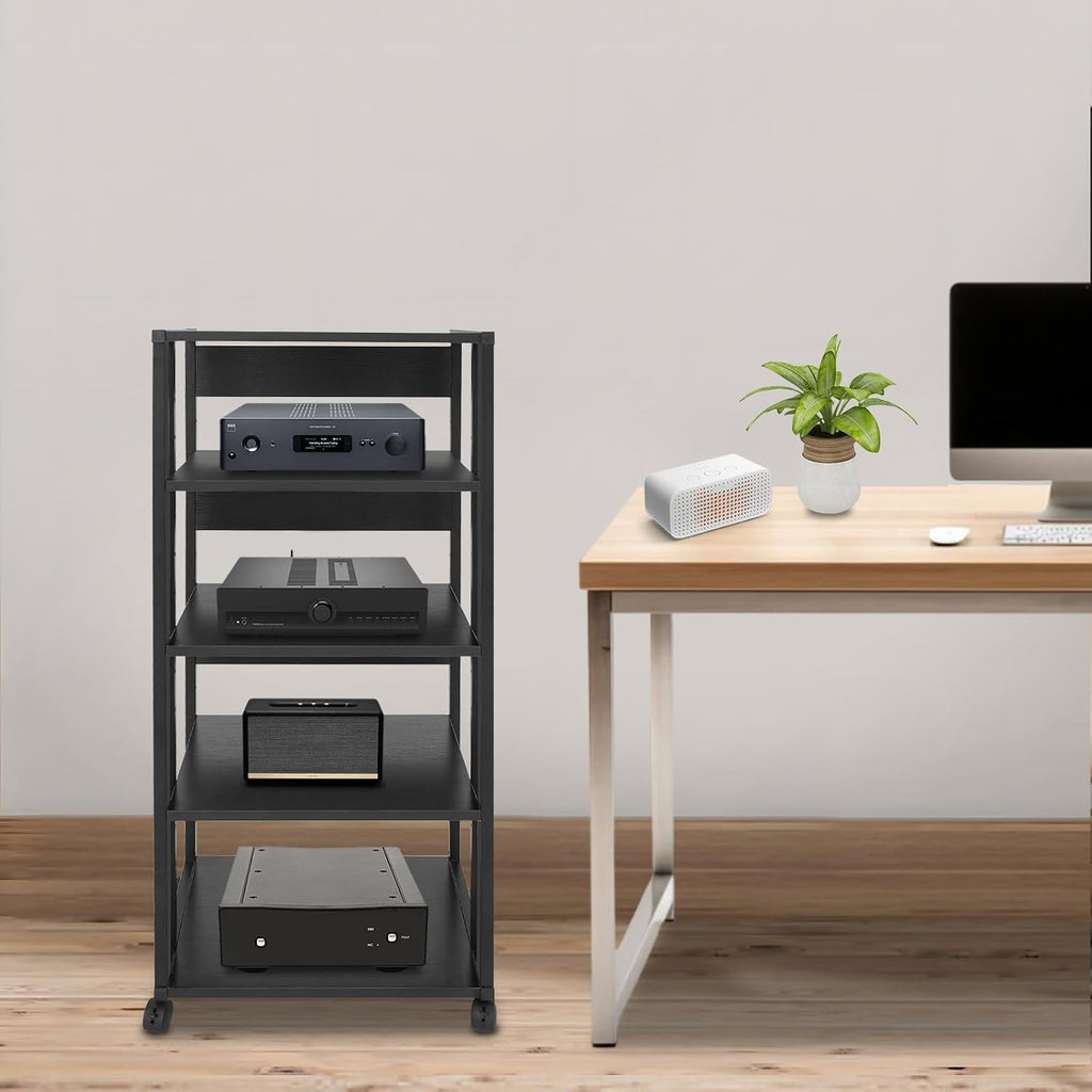 5-Tier Av Media Stand, Media Console Cabinet with Four Lockable Wheels & Adjustable Spacing, Metal Audio Tower Rack Equipment shelf for Amplifier Stereo Karaoke Machine Projectors CD/DVD Players Etc