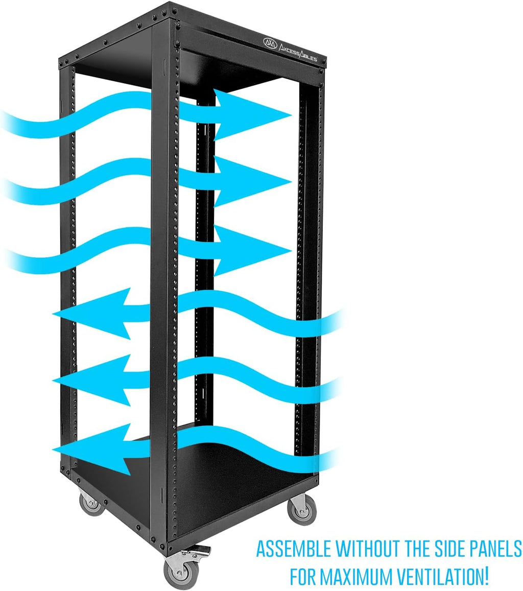 AxcessAbles 22U 19-Inch Rolling IT Server Rack 550LB Heavy Duty Open Frame with Removable Side Panels Large 3-Inch Locking Casters for Servers Networking and Rackmount Gear Includes 5mm and 6mm Screws