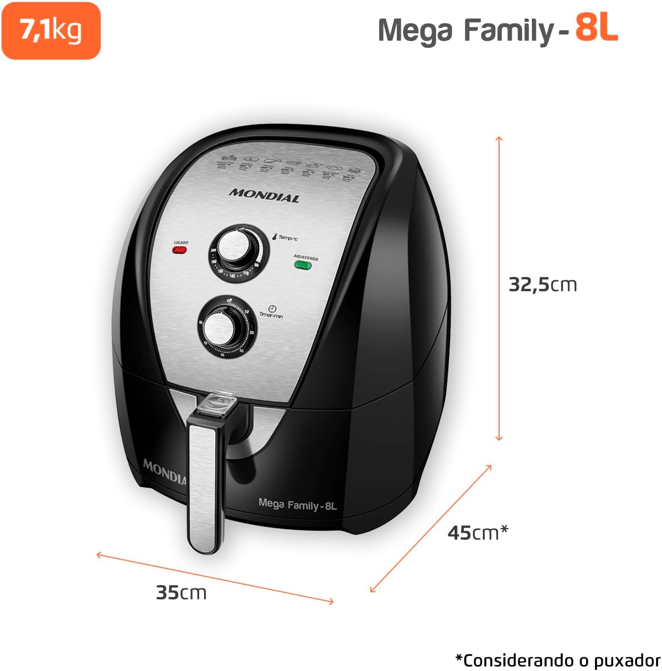 Fritadeira Sem Óleo Air Fryer 8L, Mondial, Preto/Inox, 1900W, 220V - AFN-80-BI