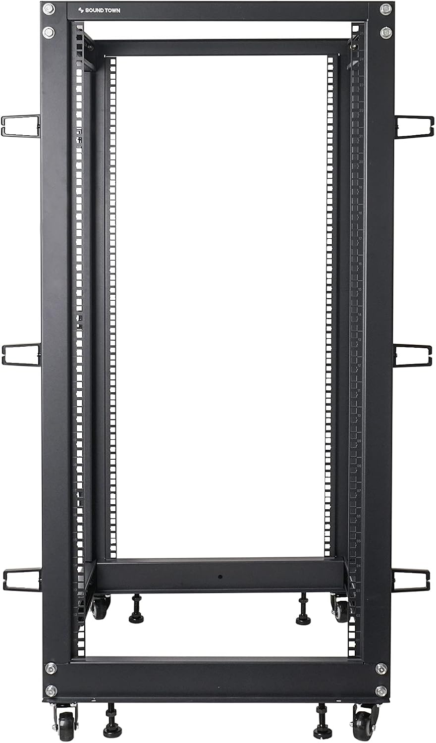 Sound Town 4-Post 25U Open Frame Sever and Network Equipment Rack with Adjustable Depth 22'-40', Casters, Levelers, Cable Management (ST4POF-A25U)
