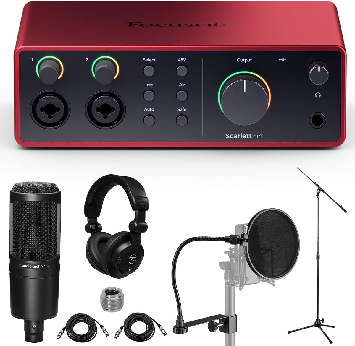 Focusrite Scarlett 4i4 4th Gen USB Interface with Software Suite, Bundle with AT2020 Microphone, TAPH100 Headphones and Mic Stand