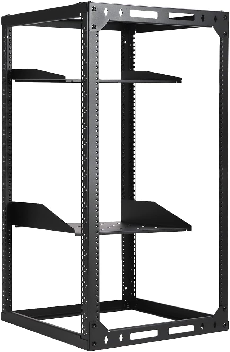 AEONS 20U Open Frame Network Server Rack 19-inch 4 Post AV Rack with Casters for Floor Standing and Wall Mount, Side Load for Extra Depth– Complete Kit with 1U and 2U Vented Shelves, Black