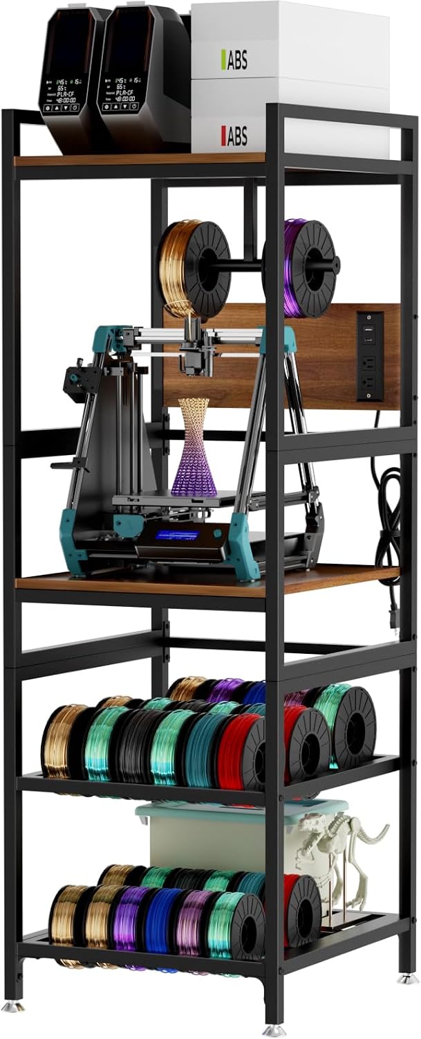 3D Printer Stand with Filament Storage, Heavy-Duty Metal Frame, T-Type Filament Holder, Built-in Power Panel, Open Frame Printer Workstation for Home & Workshop