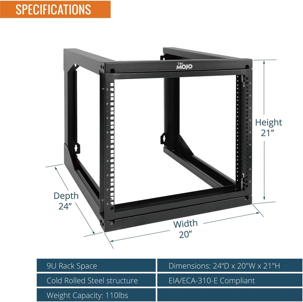 Tecmojo 9U Rack Wall Mount with Swing Gate, 9U Server Rack for 19inch Computer/AV/Data/IT/Media Equipment, Open Frame Server Rack with 24inch Depth, Square&Tapped Holes