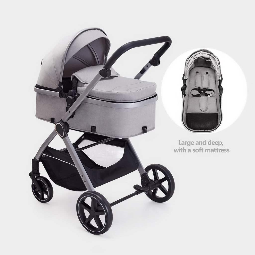 Lortsybab 2 in 1 Baby Stroller, Newborn Infant Toddler Convertible Pram Stroller for 0-36 Months Old Babies (Grey)