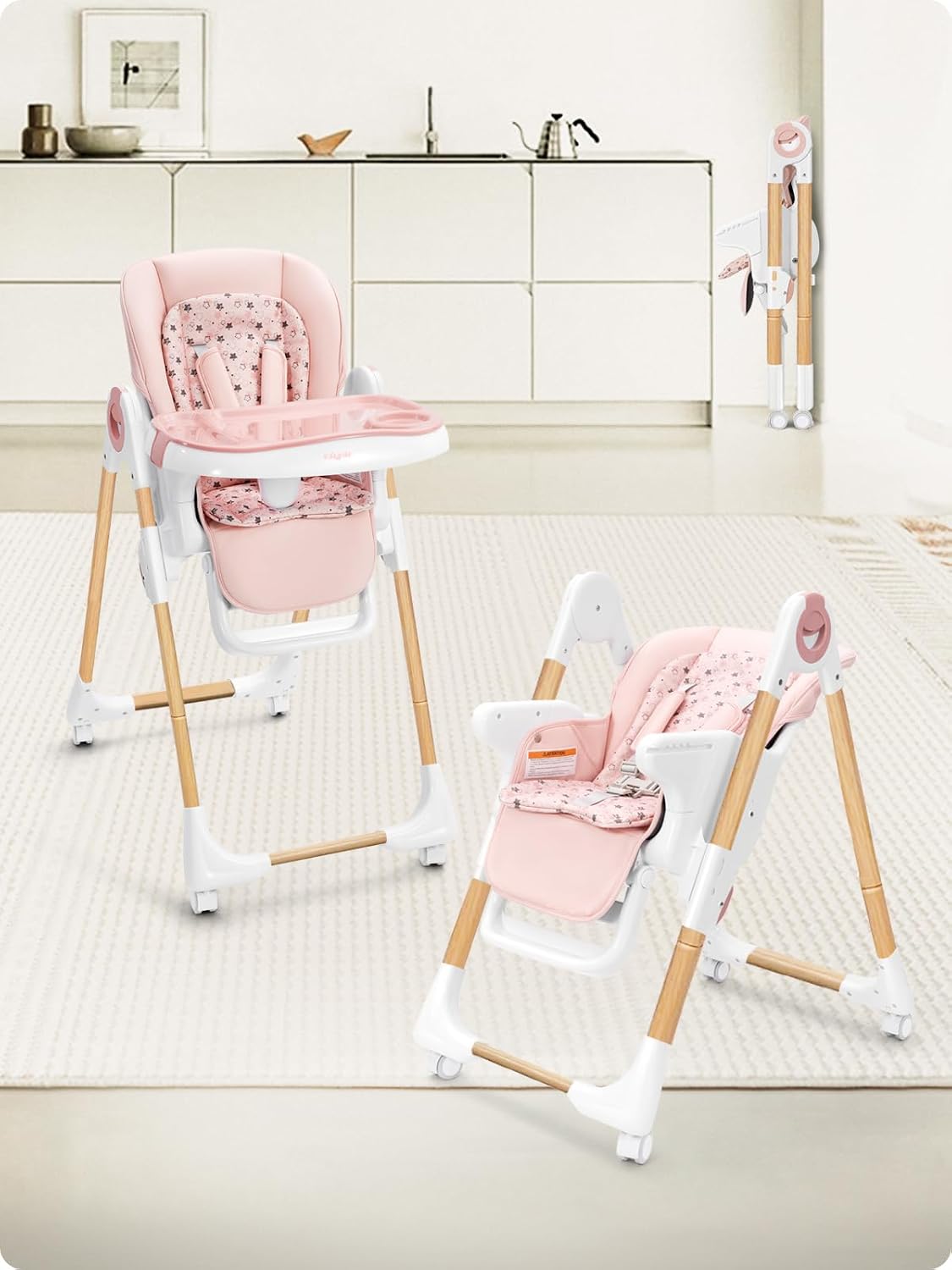 Babilous Foldable High Chair with Soft Cushion, High Chairs for Babies and Toddlers, Height Adjustable Feeding Chair, Adjustable Backrest and Footrest, Lockable Wheels, Woodgrain Star Pink