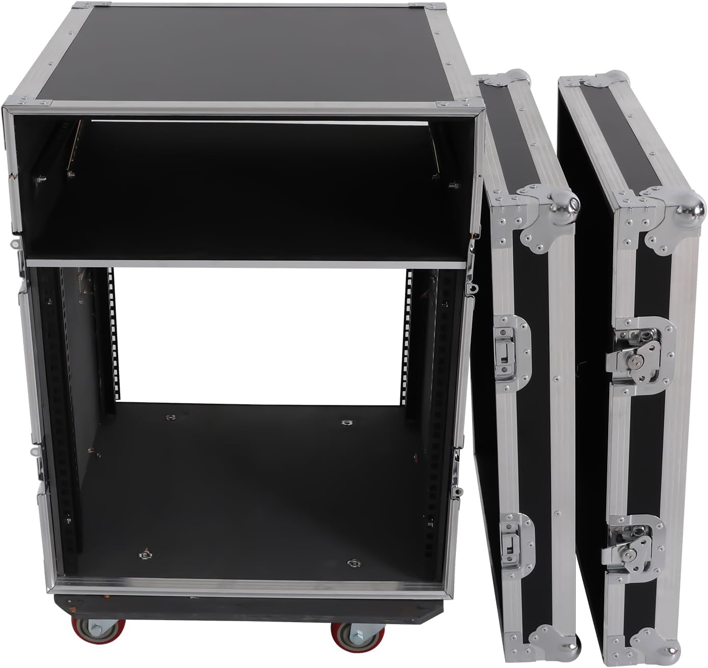 14U PA DJ Pro Audio Rack Road Case with 11U Slant Mixer Top and Casters, DJ Mixer Rack, Pro Tour Grade