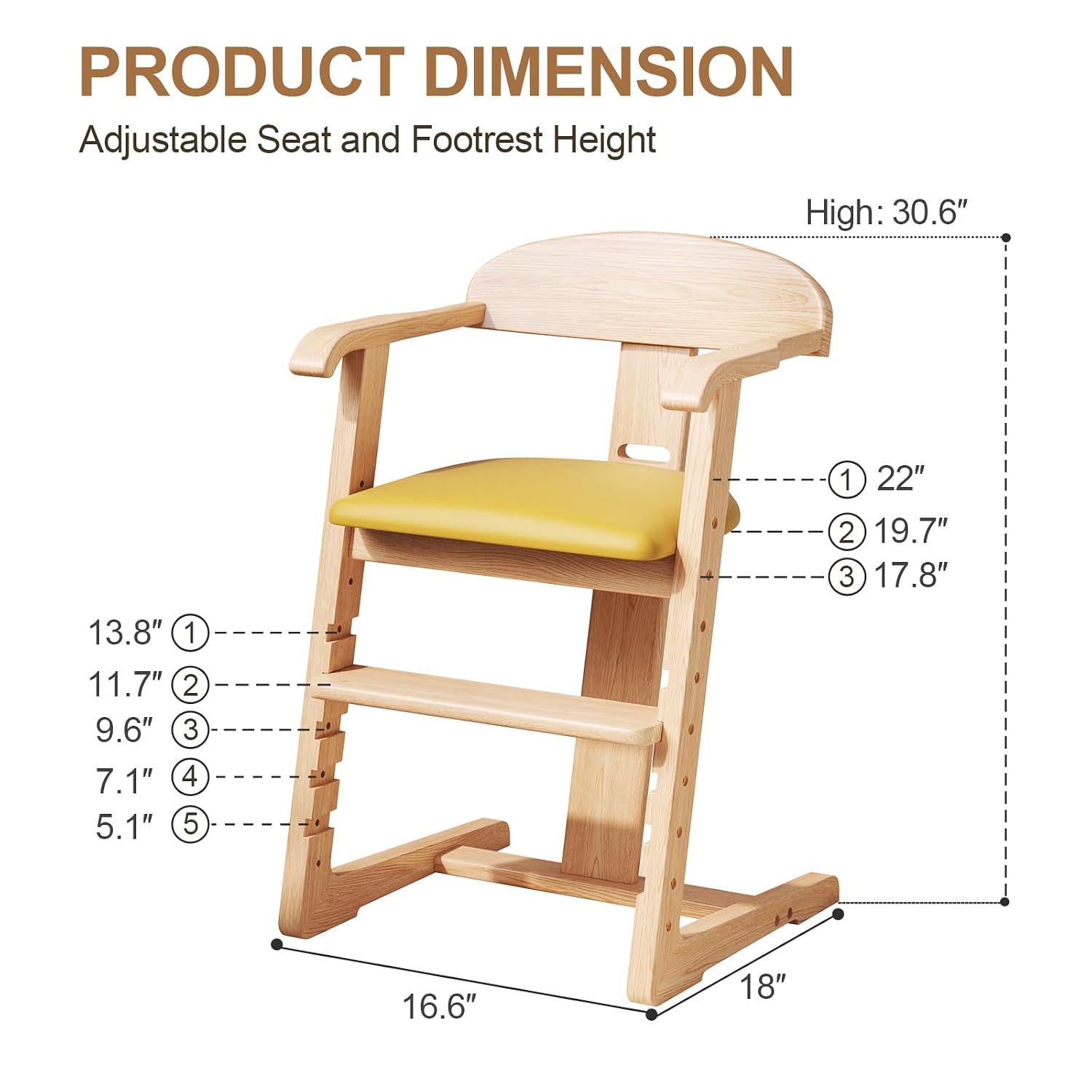DOMGMUWUJEE Solid Wood Toddler Dining Chair - Adjustable Height Easy to Clean Toddler high Chair - Kids high Chair from 3 Years to 200 Lb, Grow with Child (Natural Yellow)