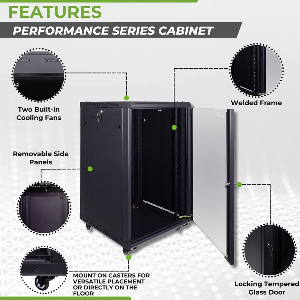 NavePoint 18U Server Cabinet Wall Mount Rack Enclosure with Caster Wheels, 2 Fans, Locking Glass Door, Removable Side Panels – 18U Network Cabinet 23.6' Deep, 19' Server Rack for IT Equipment