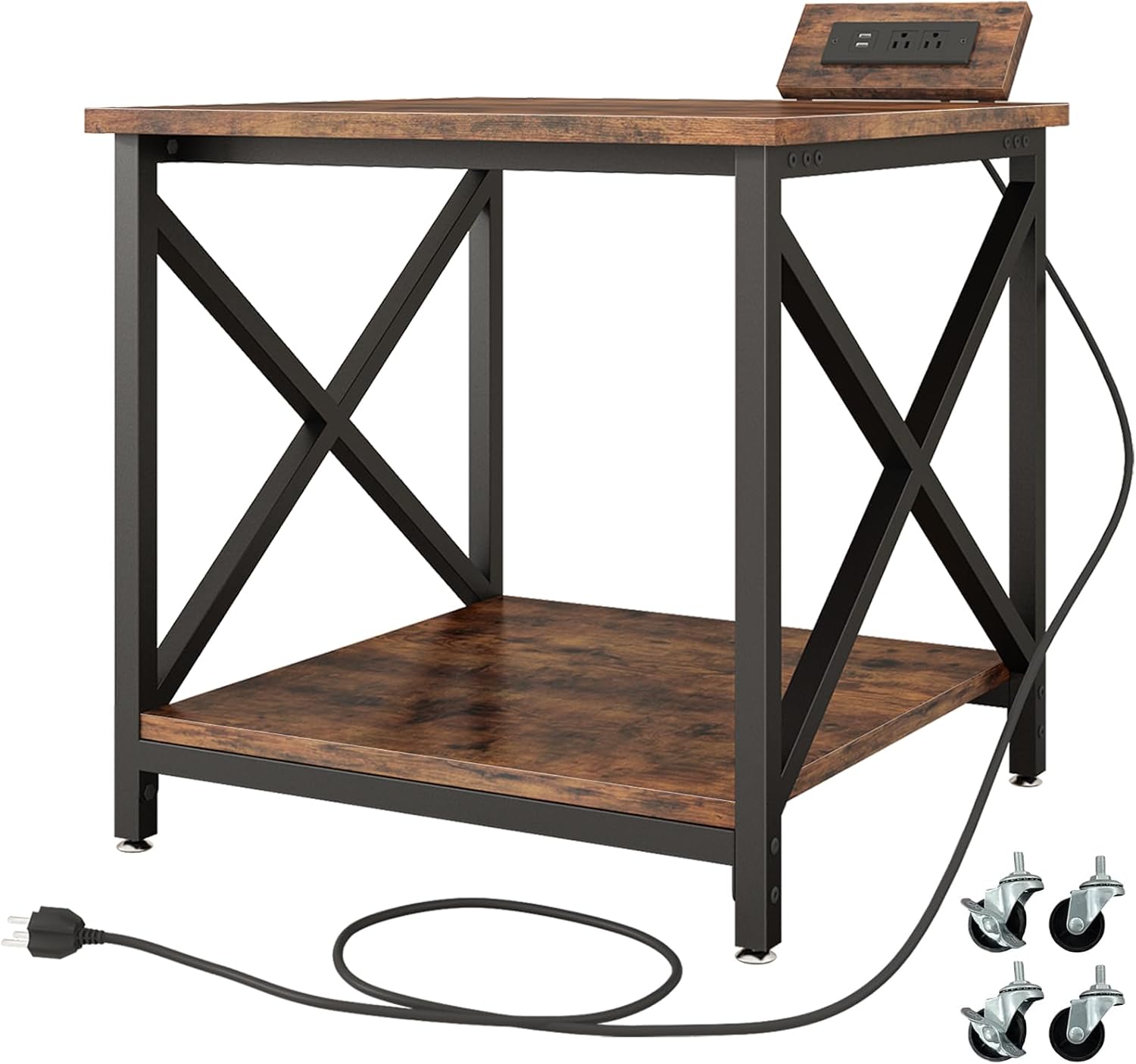 METYERRY Large Printer Stand with Power Outlet, with Storage Shelf, 2 Tier Rolling Printer Cart with Industrial Wheels, 23.6 x 23.6 Inches Printer Table for Home Office,Rustic Brown