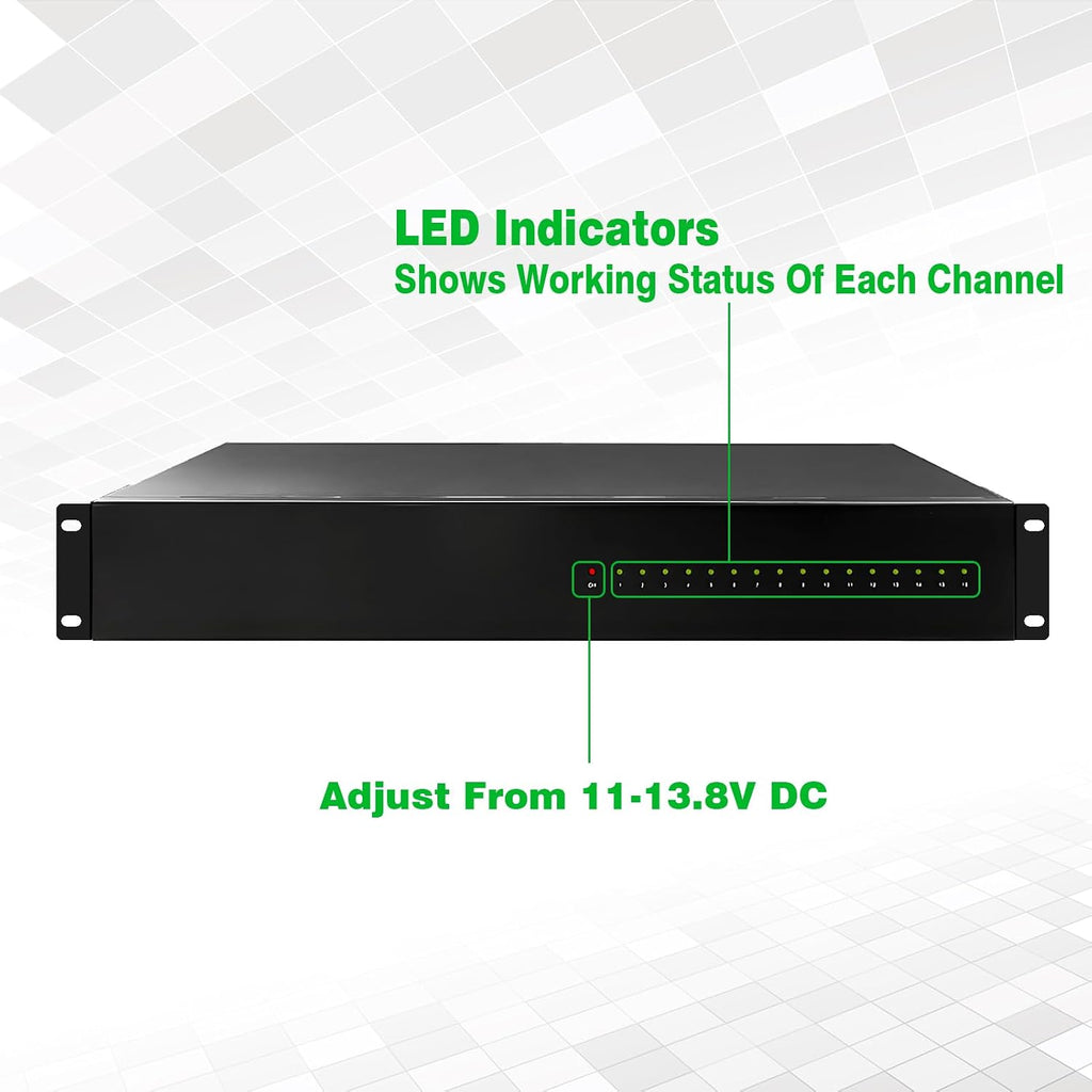 DC 16 Channel VBR CCTV 12V 20A Distributed Power Supply Rack Mount, PTC Reset Fuse,（UPS） Uninterruptible Power Supply System Function，Adjustable Output Voltage，for Security Cameras, DVR，NVR
