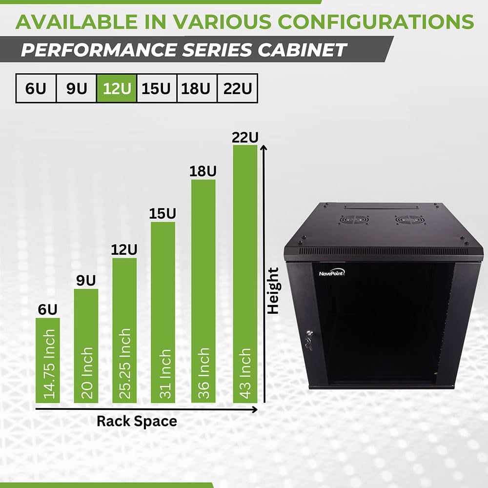 NavePoint 12U Server Cabinet Wall Mount Rack Enclosure Includes 2 Fans, Locking Glass Door, Removable Side Panels – 12U Network Cabinet 23.6' Deep, 19 Inch Server Rack for IT and A/V Equipment