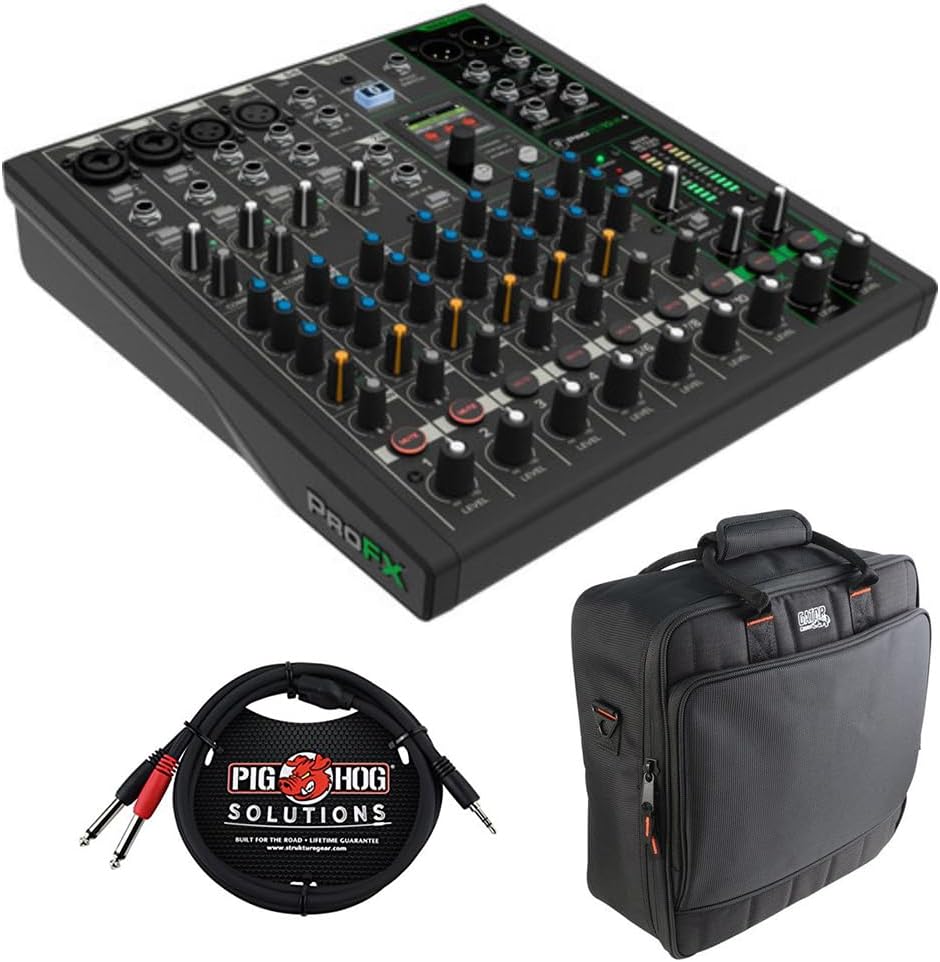Mackie ProFX10v3+ 10-Channel Analog Mixer with Built-In FX, USB Recording, and Bluetooth Bundle with G-MIXERBAG-1515 Padded Nylon Mixer/Equipment Bag and Stereo Breakout Cable 10'