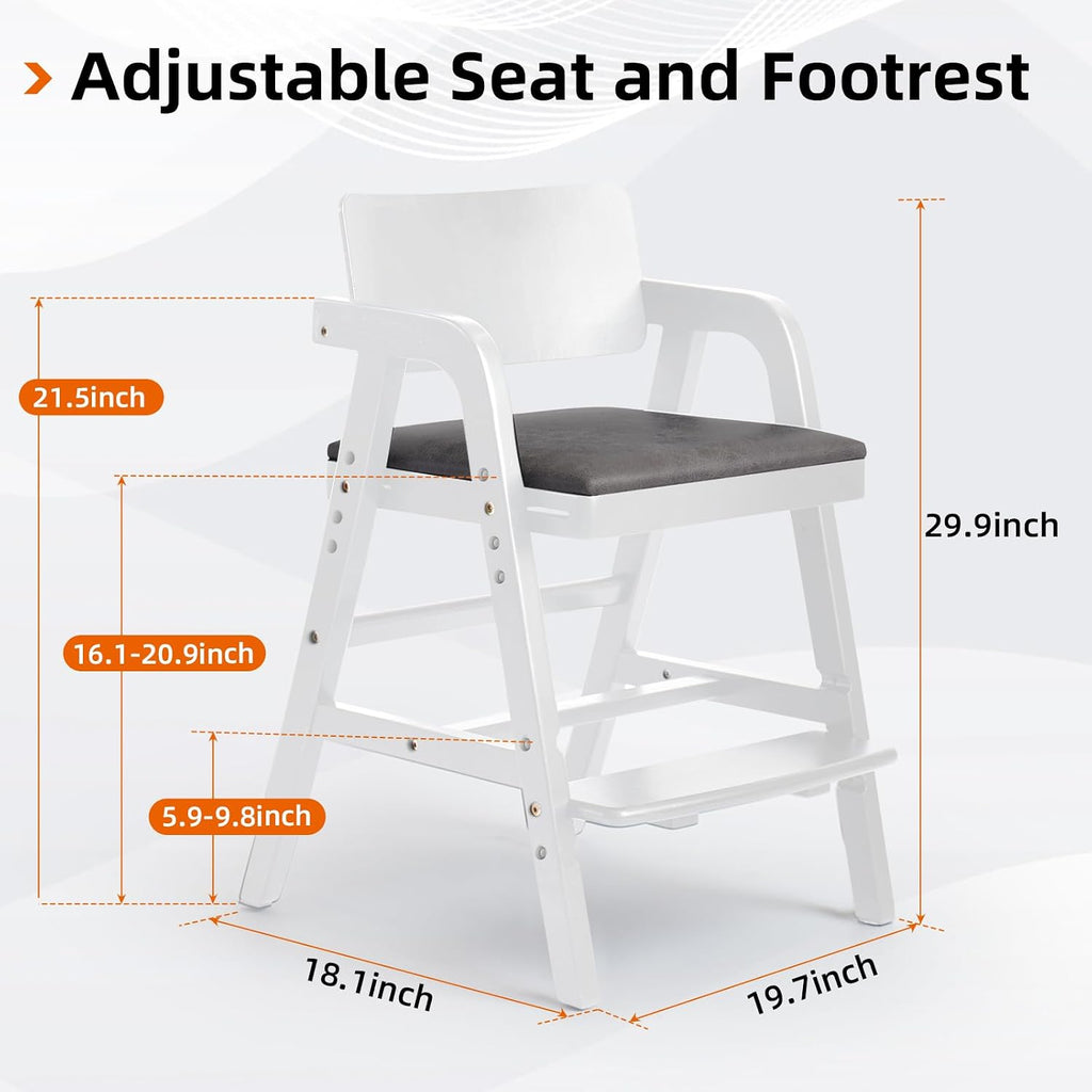 Wooden High Chair for Toddlers & Baby, Adjustable Dining Feeding Chair Grows with Kid, Convertible High Chair for Babies, Wipe Clean Skin-Friendly Cushion, for Home & Restaurant - White