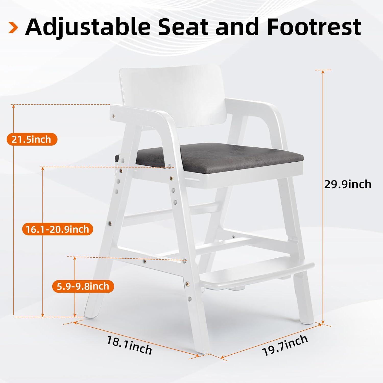 Wooden High Chair for Toddlers & Baby, Adjustable Dining Feeding Chair Grows with Kid, Convertible High Chair for Babies, Wipe Clean Skin-Friendly Cushion, for Home & Restaurant - White