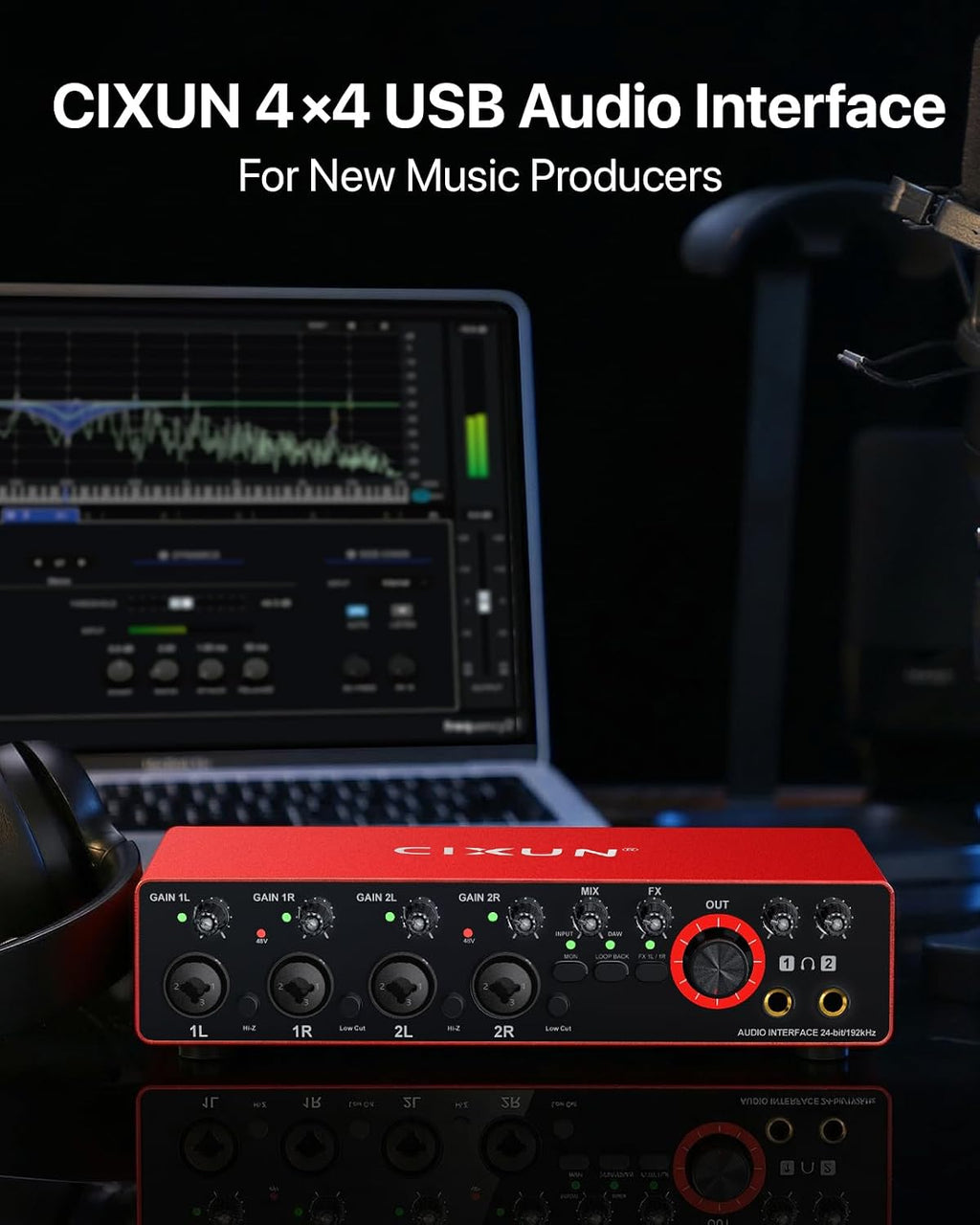 4x4 USB-C Audio Interface for PC & Mac - 24-bit/192kHz Studio Recording, 4 Combo Inputs (XLR/TRS), 4 TRS Outputs, 48V Phantom Power, FX Effects for Podcast/Streaming (Matte Red)