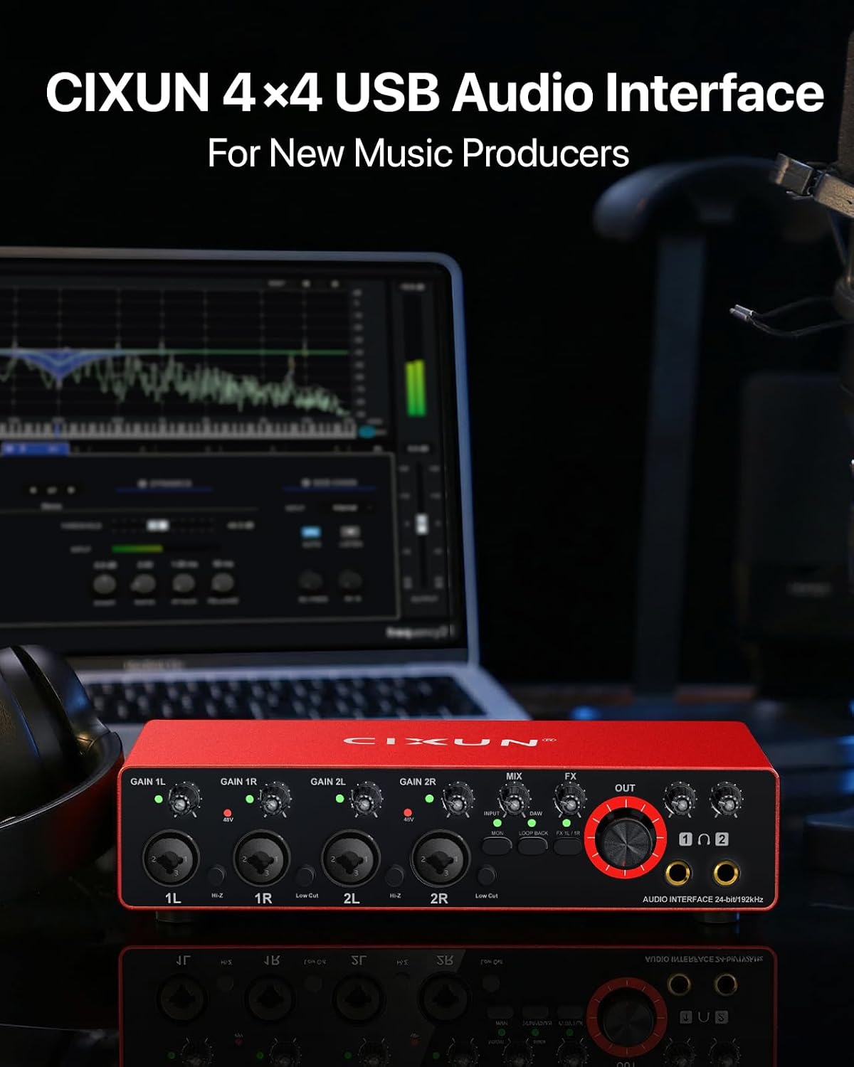 4x4 USB-C Audio Interface for PC & Mac - 24-bit/192kHz Studio Recording, 4 Combo Inputs (XLR/TRS), 4 TRS Outputs, 48V Phantom Power, FX Effects for Podcast/Streaming (Matte Red)