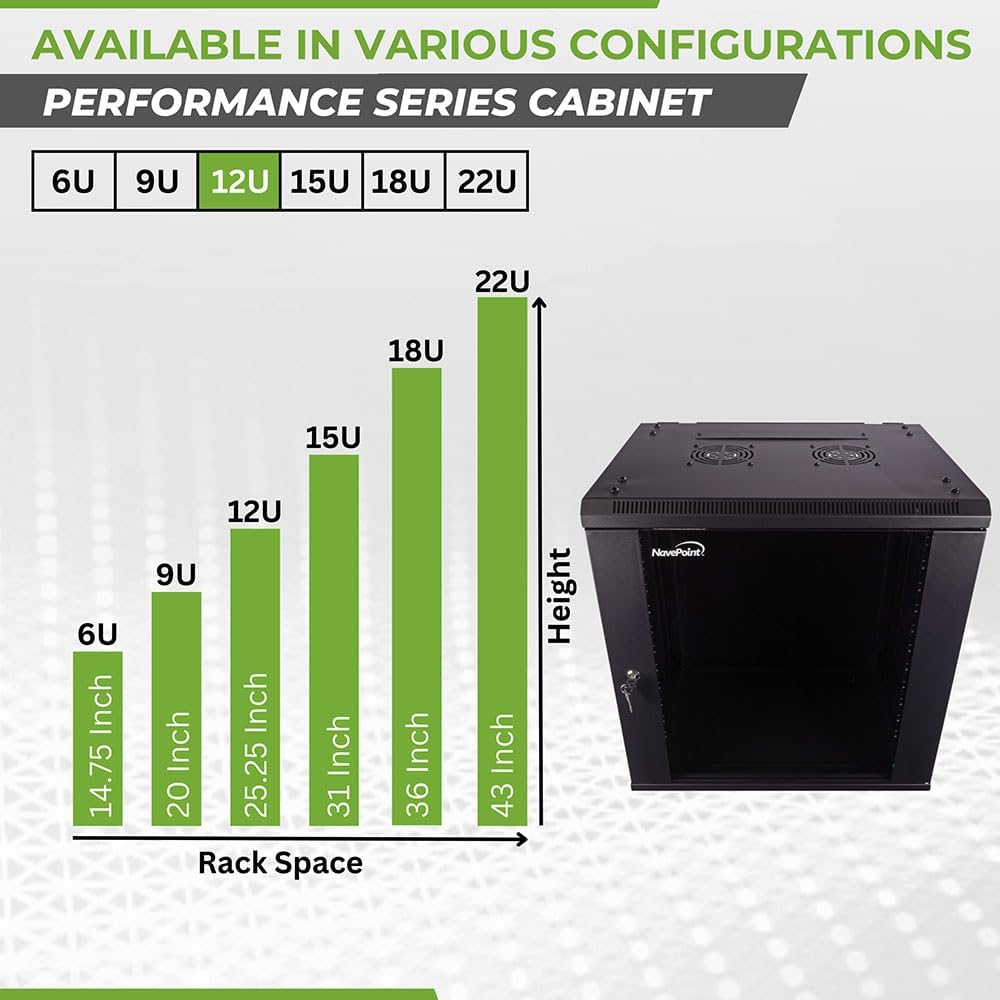 NavePoint 12U Server Cabinet Wall Mount Rack Enclosure Includes 2 Fans, Locking Glass Door, Removable Side Panels – 12U Network Cabinet 17.7' Deep, 19 Inch Server Rack for IT and A/V Equipment