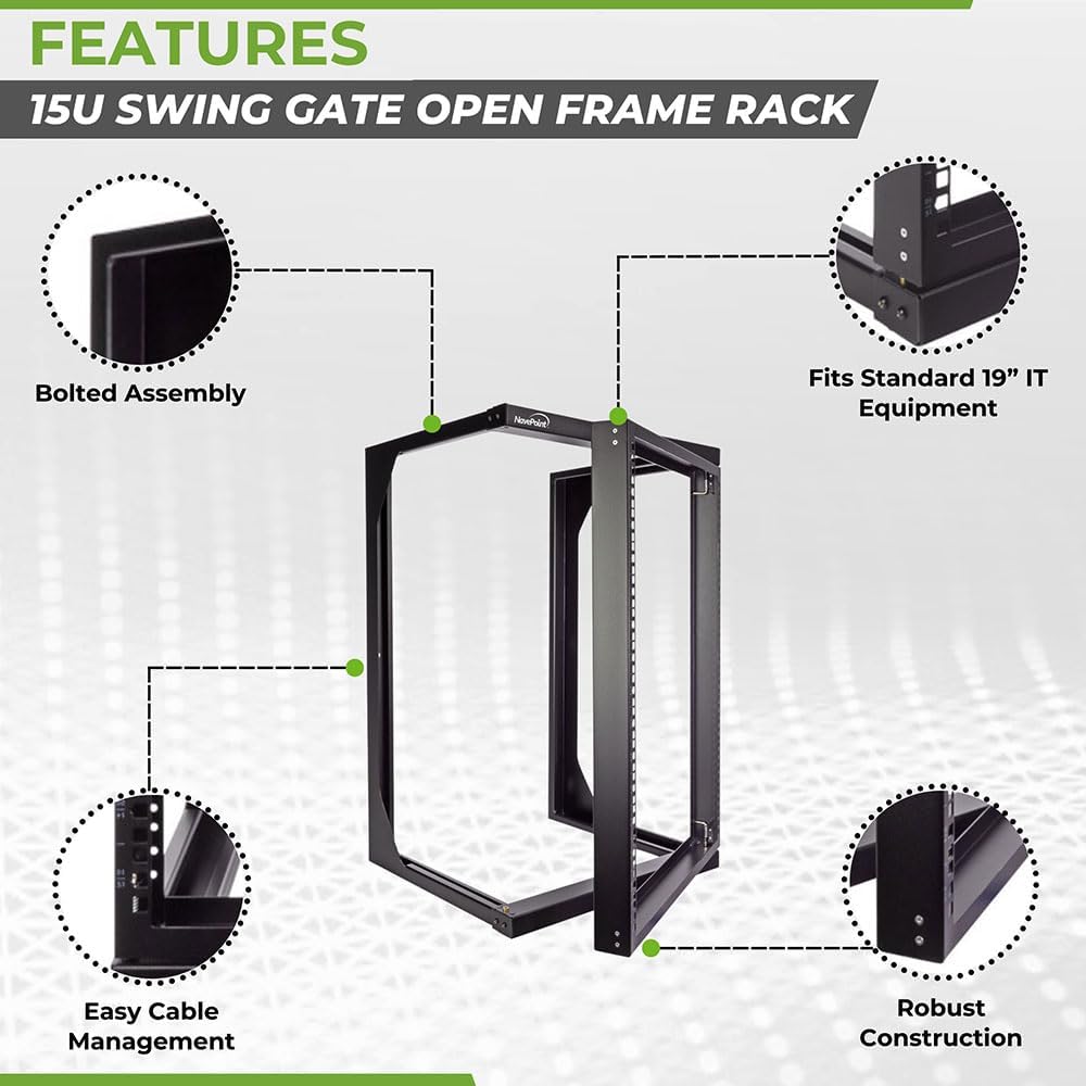 NavePoint 15U Open Frame Server Rack for 19' IT Network Equipment & A/V Devices, Free Standing or Wall Mount Rack with 180 Degrees Gate Swing, Black